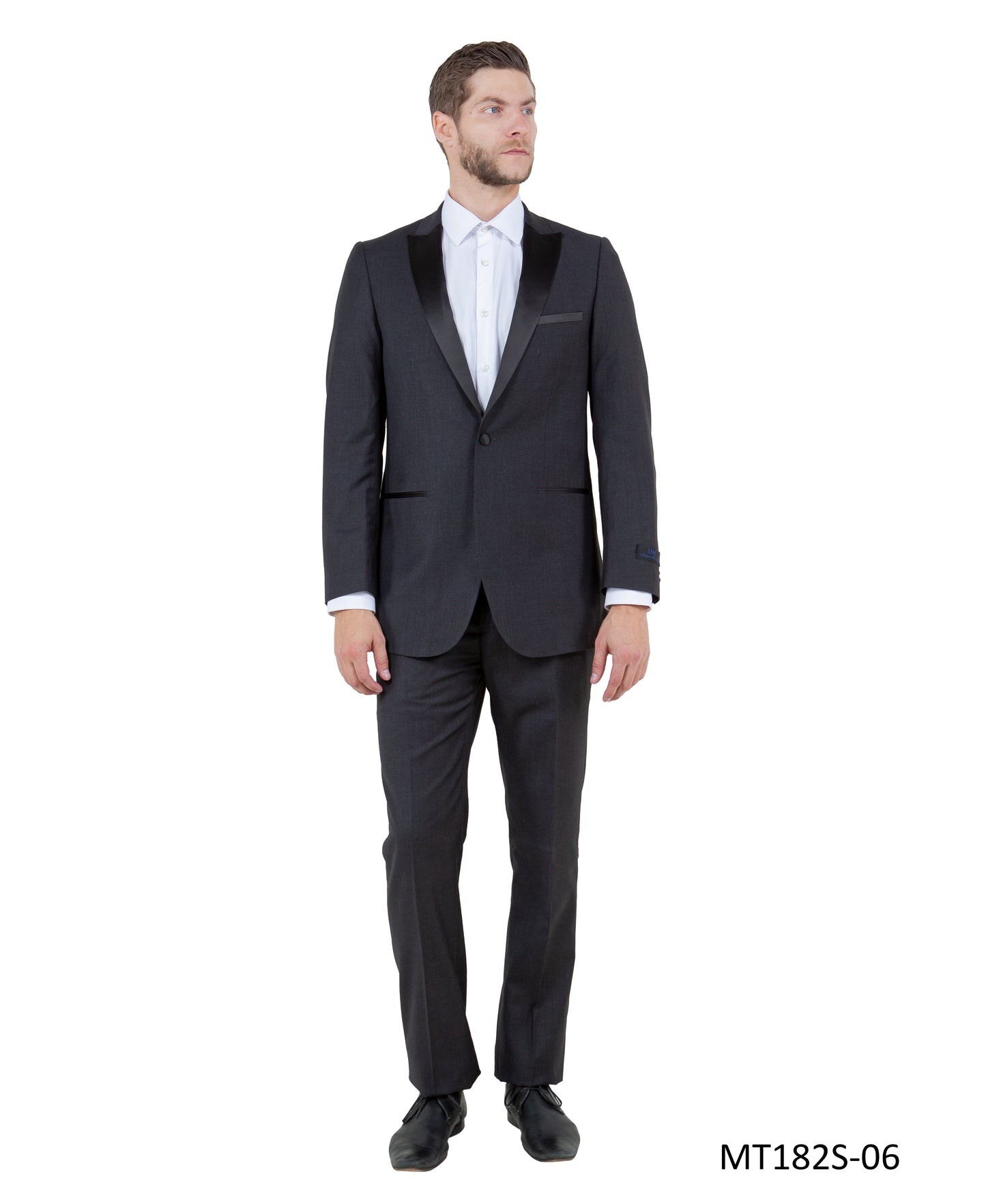 Charcoal on Black Satin Peak Lapel Slim Fit 2 Piece Bryan Michaels Men's Tuxedo