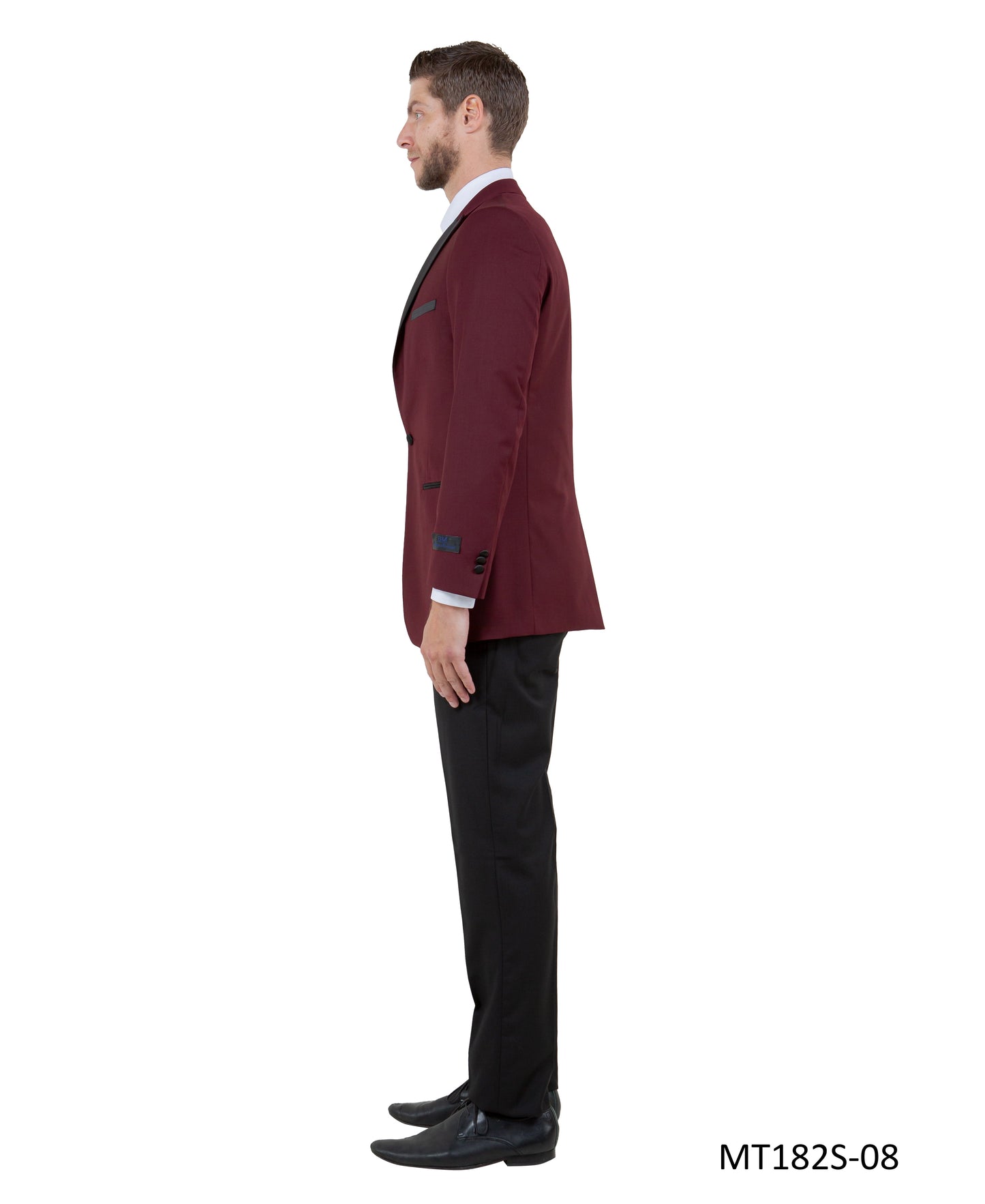 Burgundy on Black Satin Peak Lapel With Black Pants Slim Fit 2 Piece Bryan Michaels Men's Tuxedo