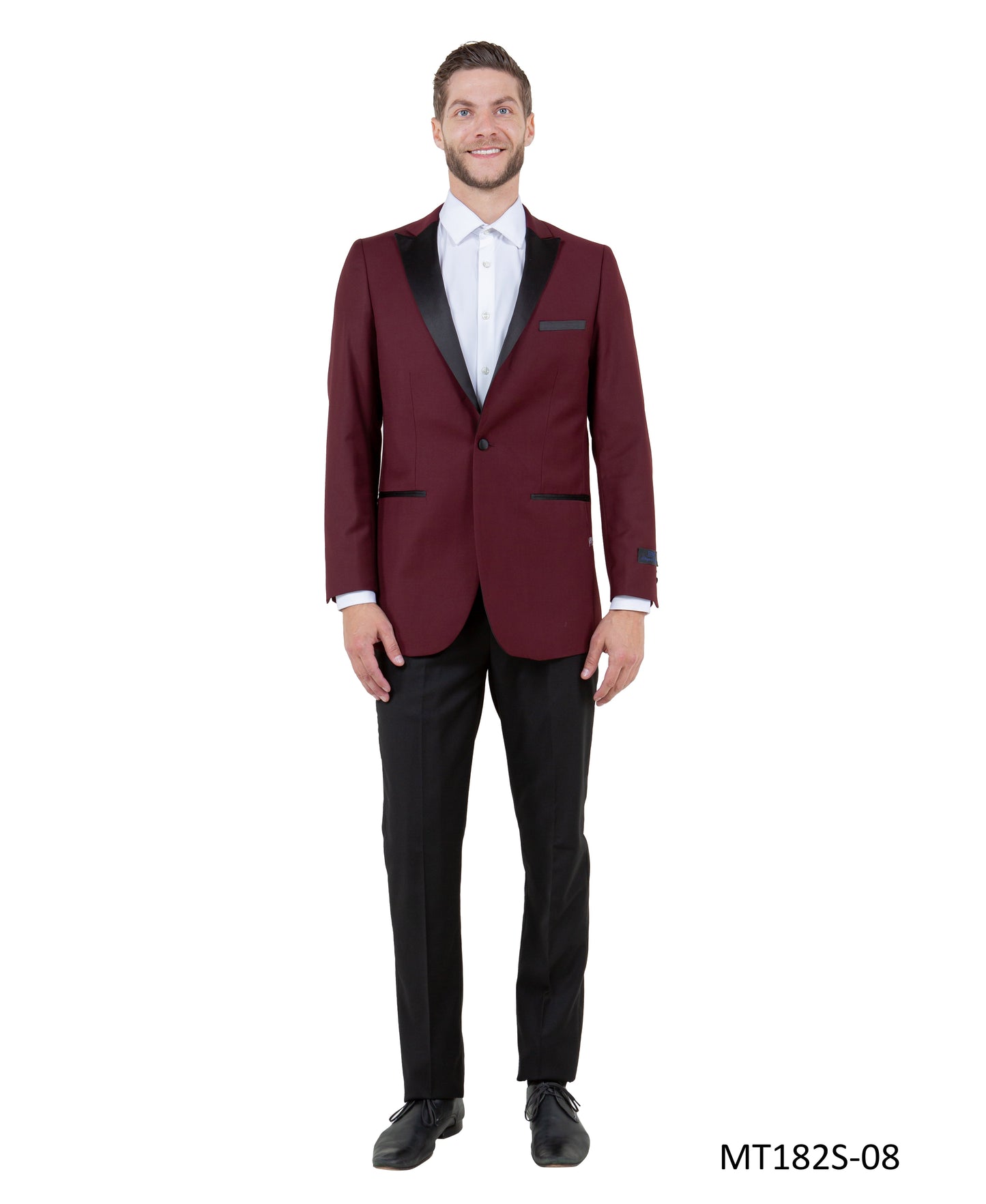 Burgundy on Black Satin Peak Lapel With Black Pants Slim Fit 2 Piece Bryan Michaels Men's Tuxedo
