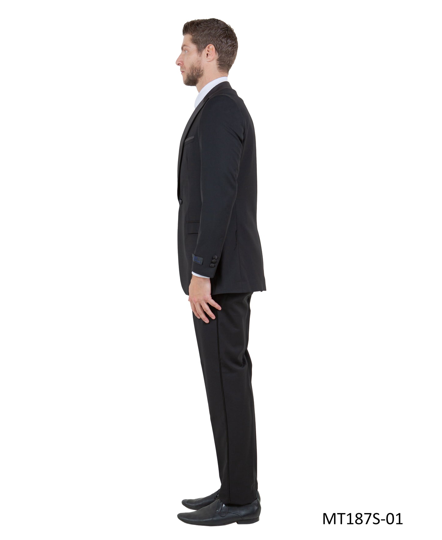 Black on Black Satin Peak Lapel With Fabric Trim Slim Fit 2 Piece Bryan Michaels Men's Tuxedo