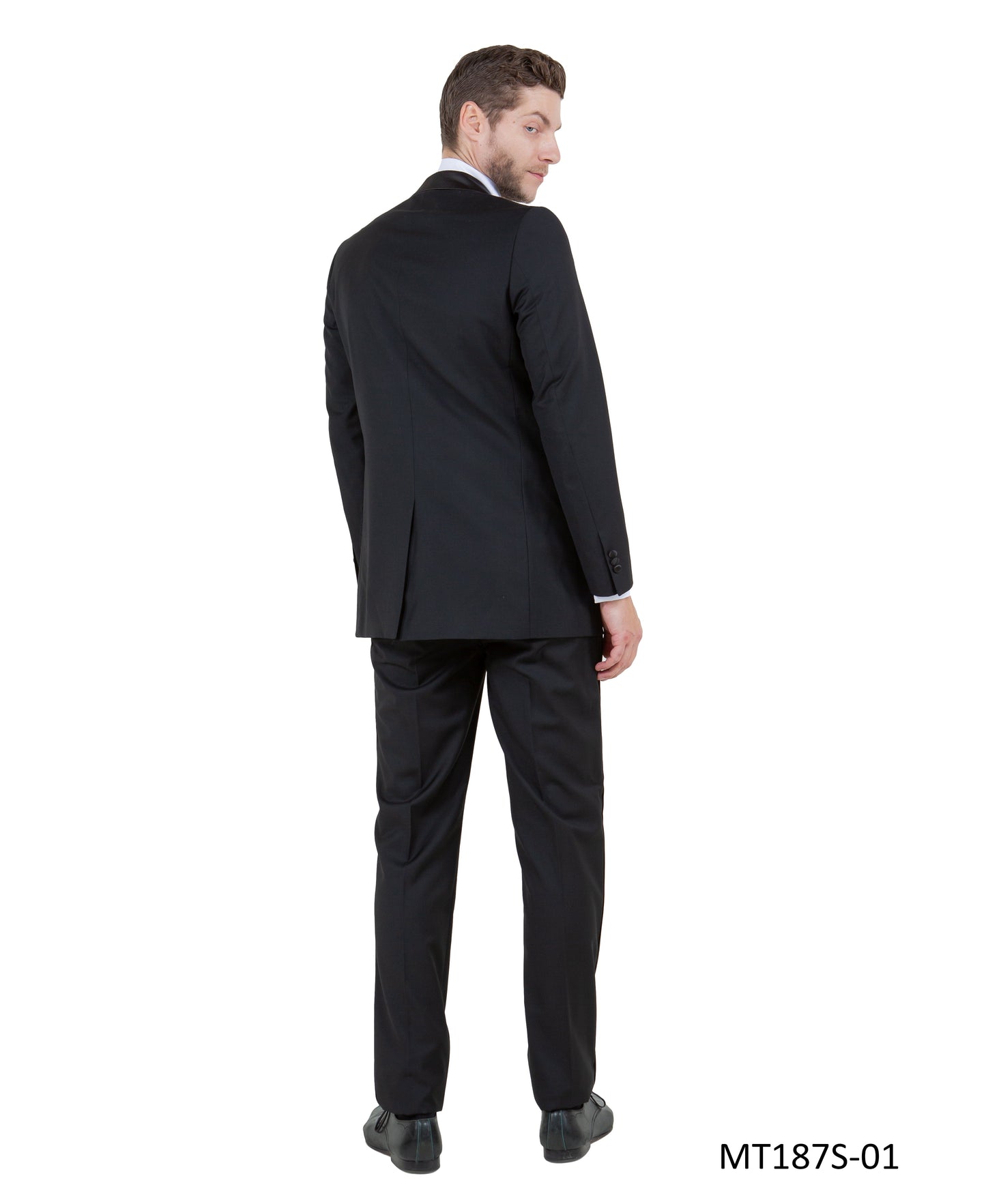 Black on Black Satin Peak Lapel With Fabric Trim Slim Fit 2 Piece Bryan Michaels Men's Tuxedo