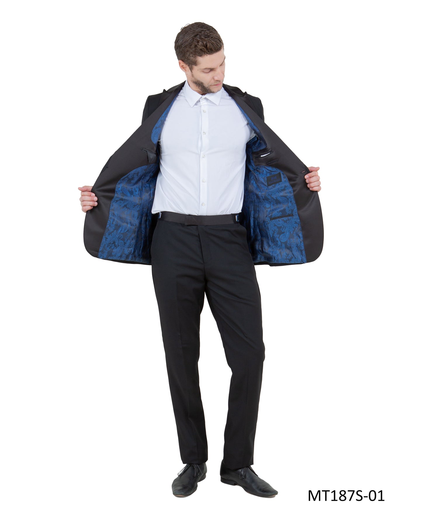 Black on Black Satin Peak Lapel With Fabric Trim Slim Fit 2 Piece Bryan Michaels Men's Tuxedo