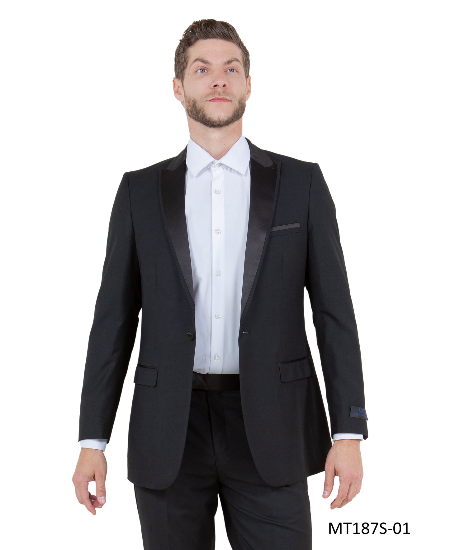 Black on Black Satin Peak Lapel With Fabric Trim Slim Fit 2 Piece Bryan Michaels Men's Tuxedo