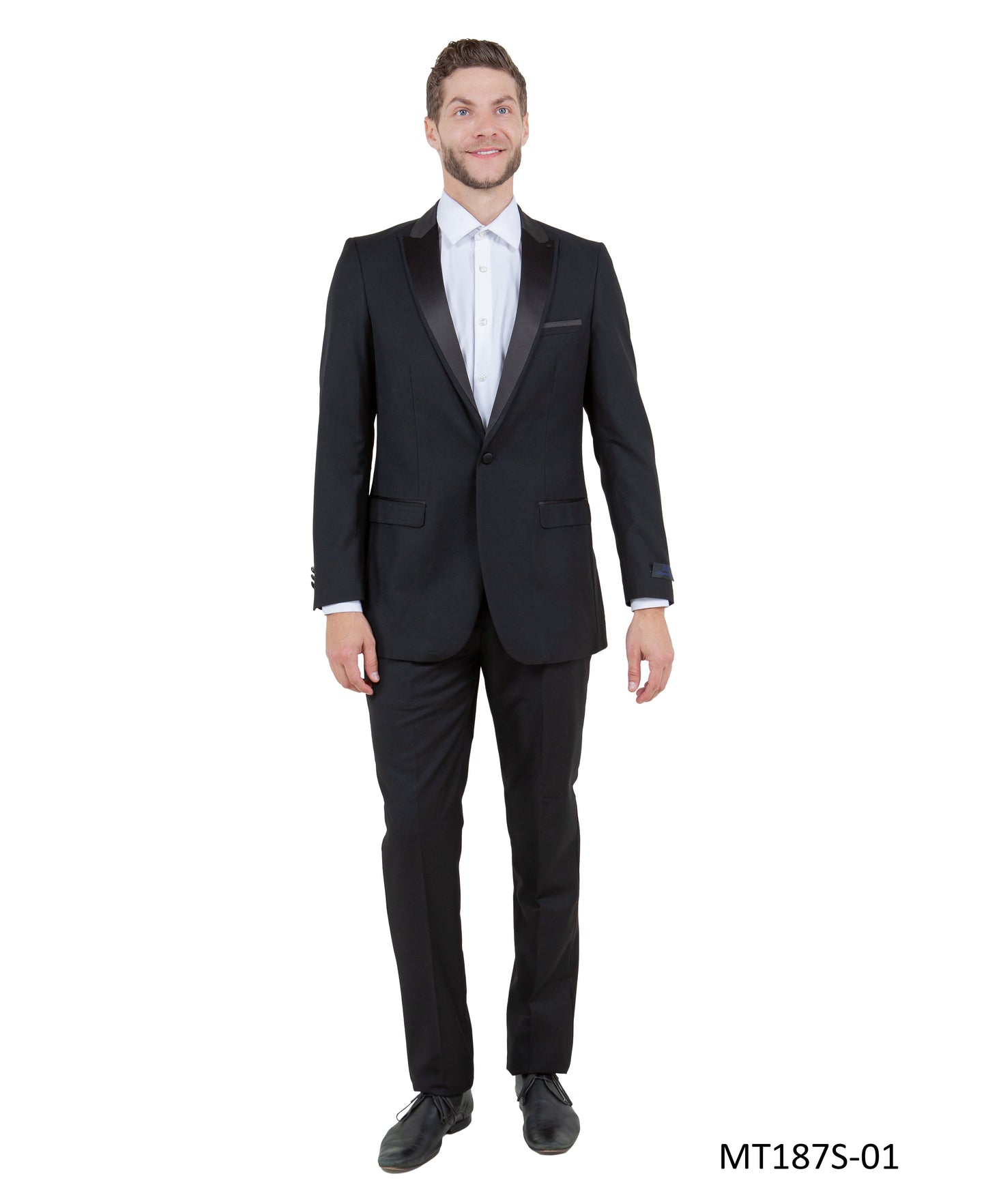 Black on Black Satin Peak Lapel With Fabric Trim Slim Fit 2 Piece Bryan Michaels Men's Tuxedo