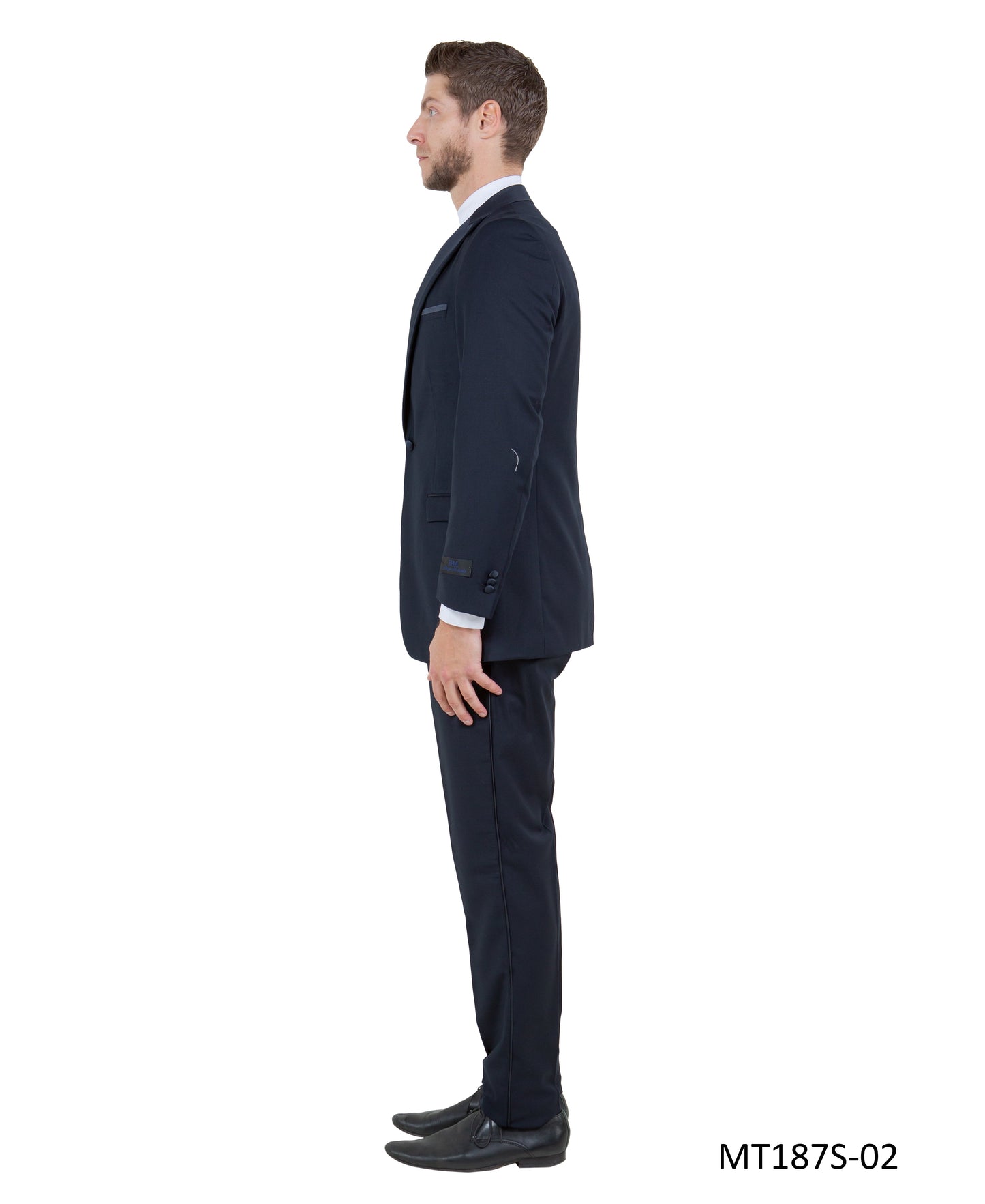 Navy on Navy Satin Peak Lapel With Fabric Trim Slim Fit 2 Piece Bryan Michaels Men's Tuxedo