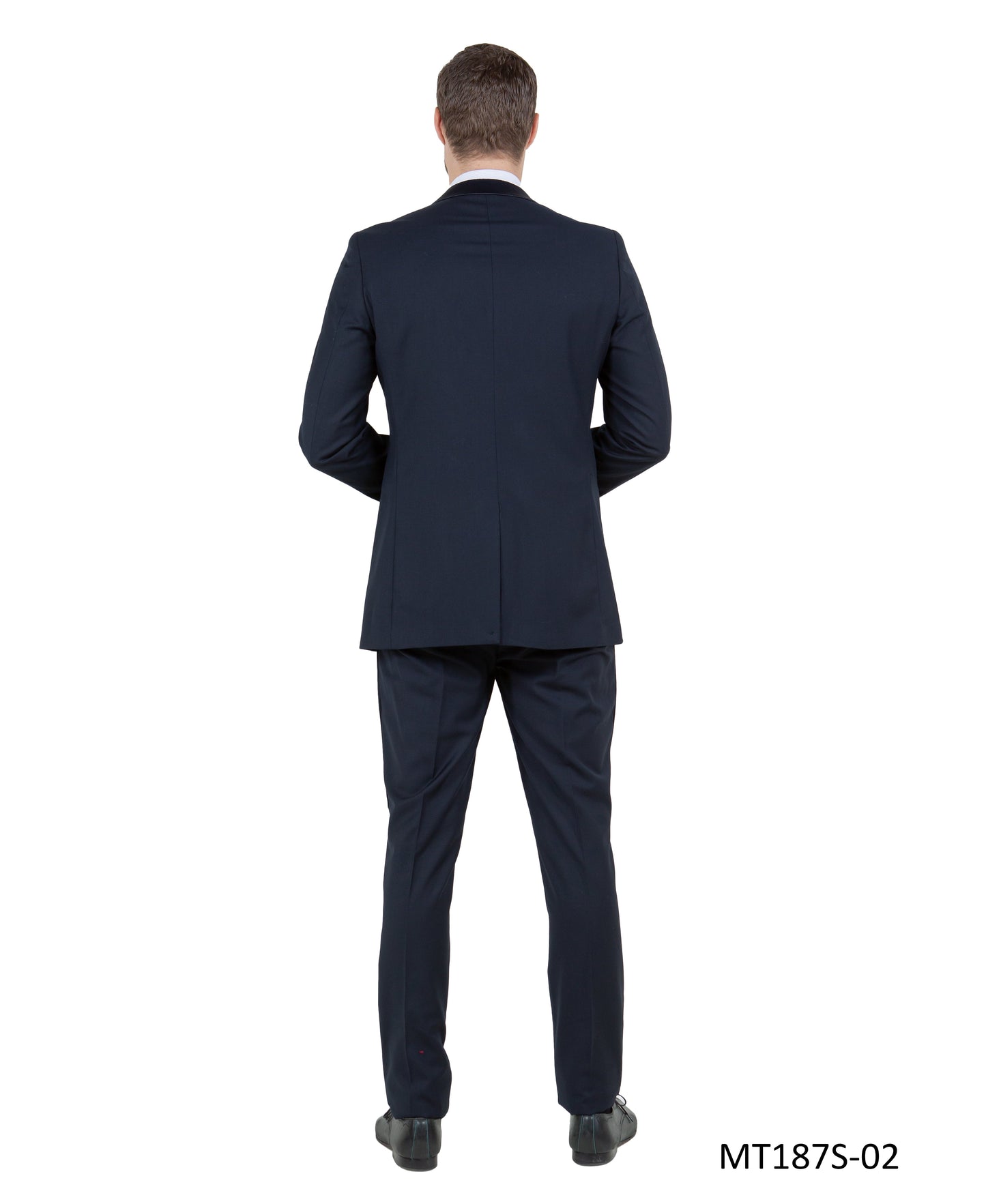 Navy on Navy Satin Peak Lapel With Fabric Trim Slim Fit 2 Piece Bryan Michaels Men's Tuxedo