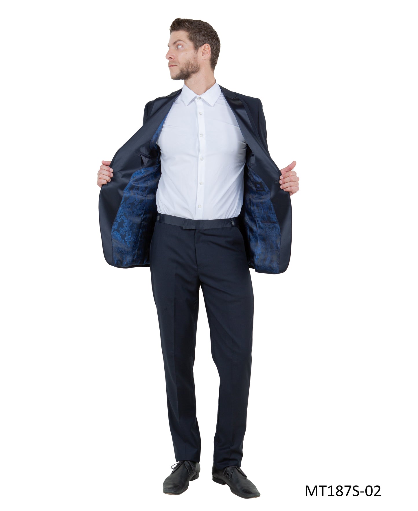 Navy on Navy Satin Peak Lapel With Fabric Trim Slim Fit 2 Piece Bryan Michaels Men's Tuxedo