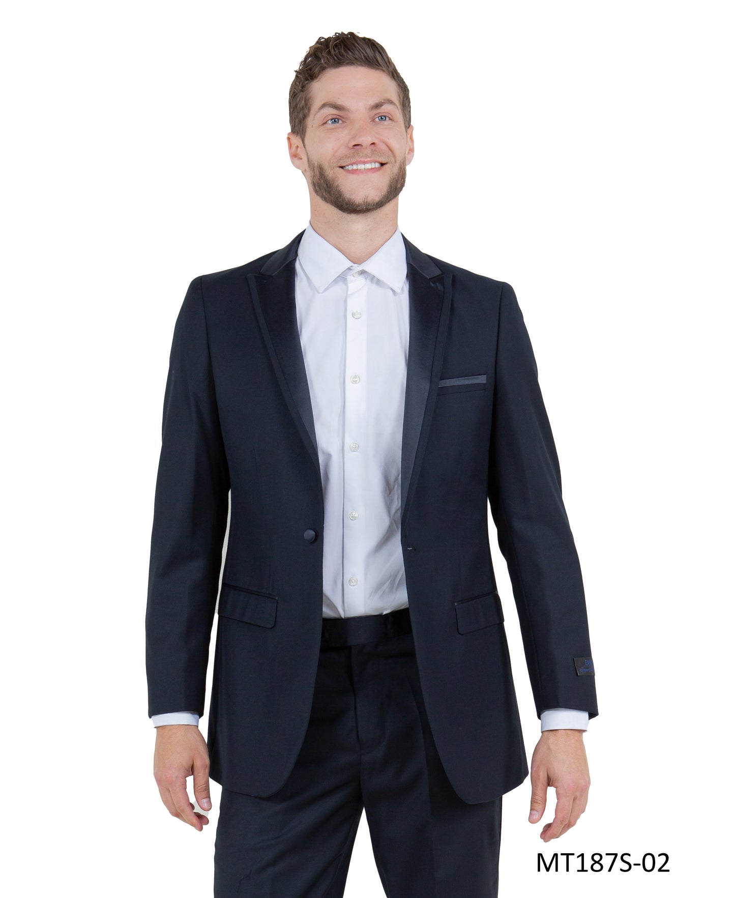 Navy on Navy Satin Peak Lapel With Fabric Trim Slim Fit 2 Piece Bryan Michaels Men's Tuxedo
