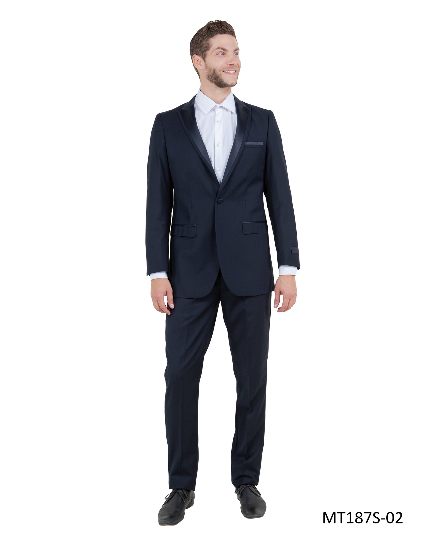 Navy on Navy Satin Peak Lapel With Fabric Trim Slim Fit 2 Piece Bryan Michaels Men's Tuxedo