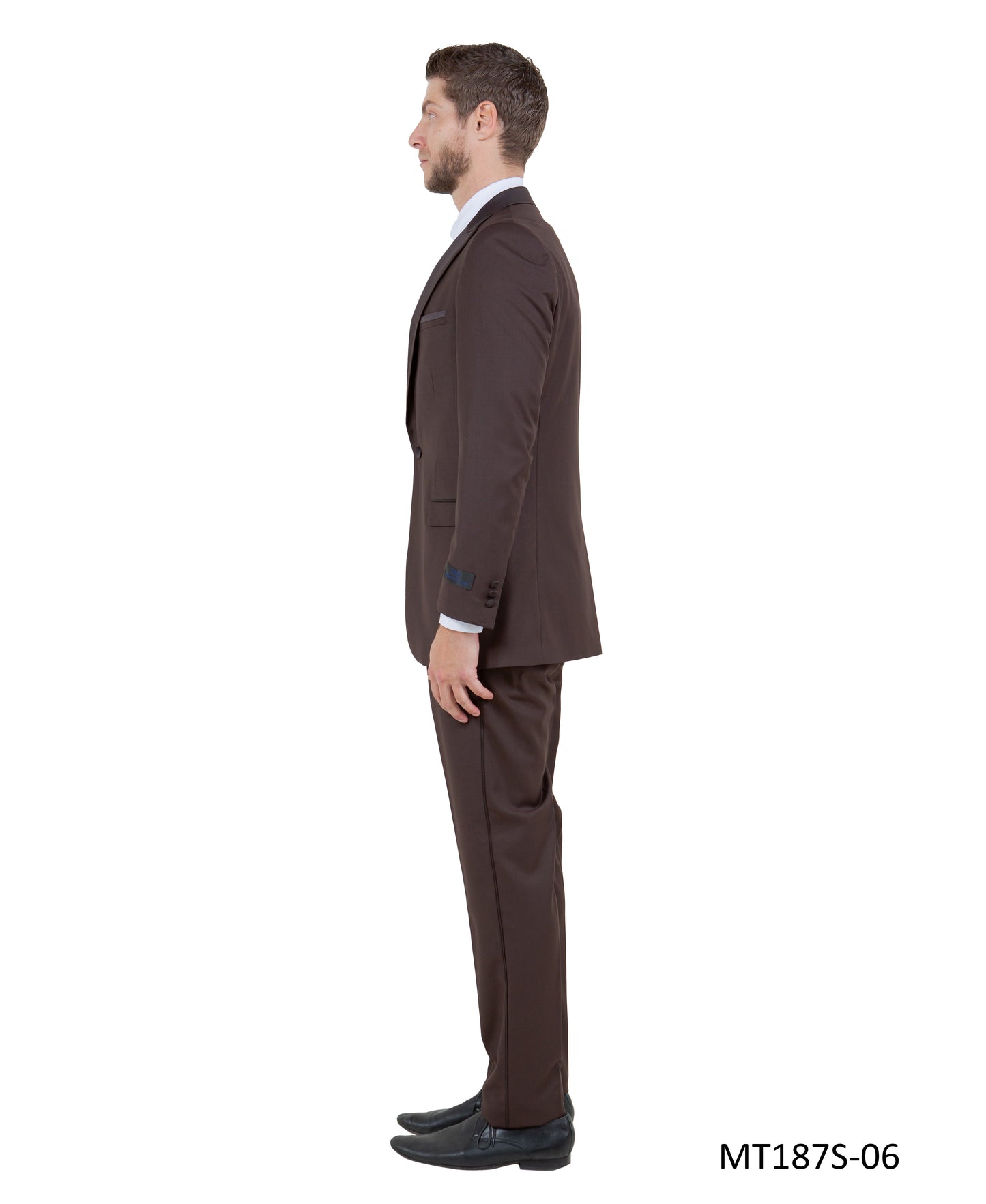 Brown on Brown Satin Peak Lapel With Fabric Trim Slim Fit 2 Piece Bryan Michaels Men's Tuxedo
