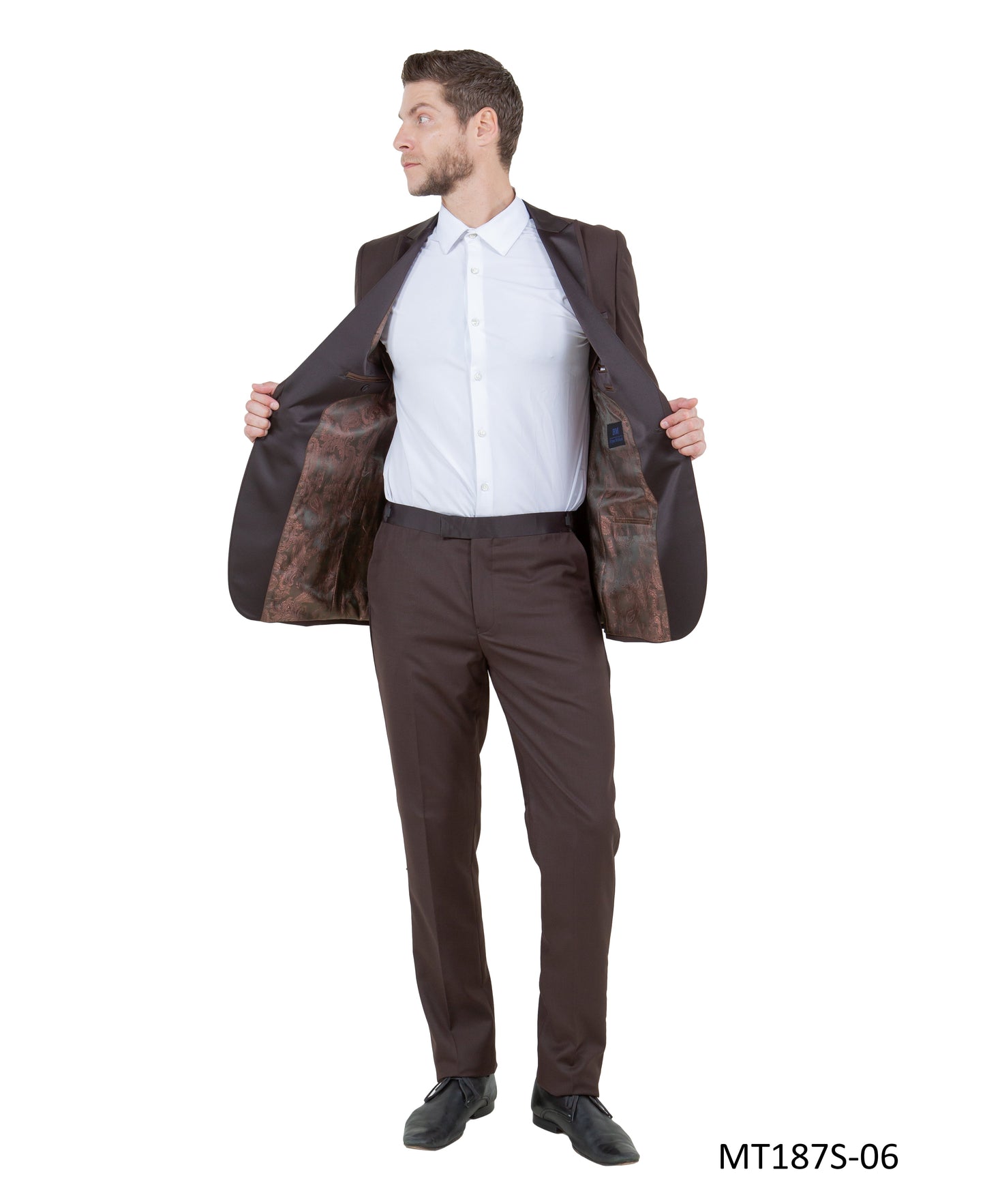 Brown on Brown Satin Peak Lapel With Fabric Trim Slim Fit 2 Piece Bryan Michaels Men's Tuxedo