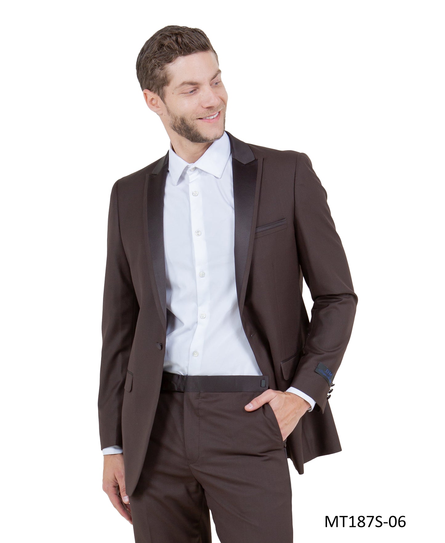 Brown on Brown Satin Peak Lapel With Fabric Trim Slim Fit 2 Piece Bryan Michaels Men's Tuxedo