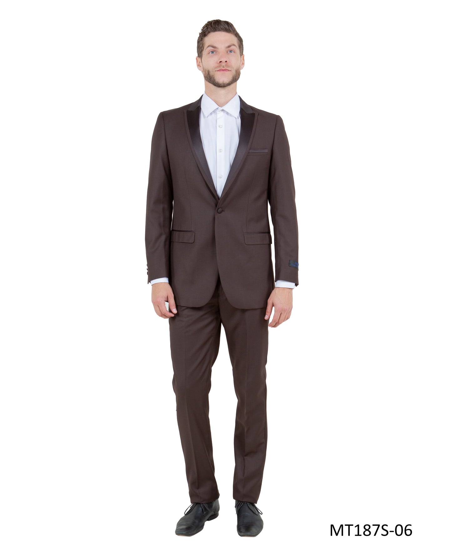 Brown on Brown Satin Peak Lapel With Fabric Trim Slim Fit 2 Piece Bryan Michaels Men's Tuxedo