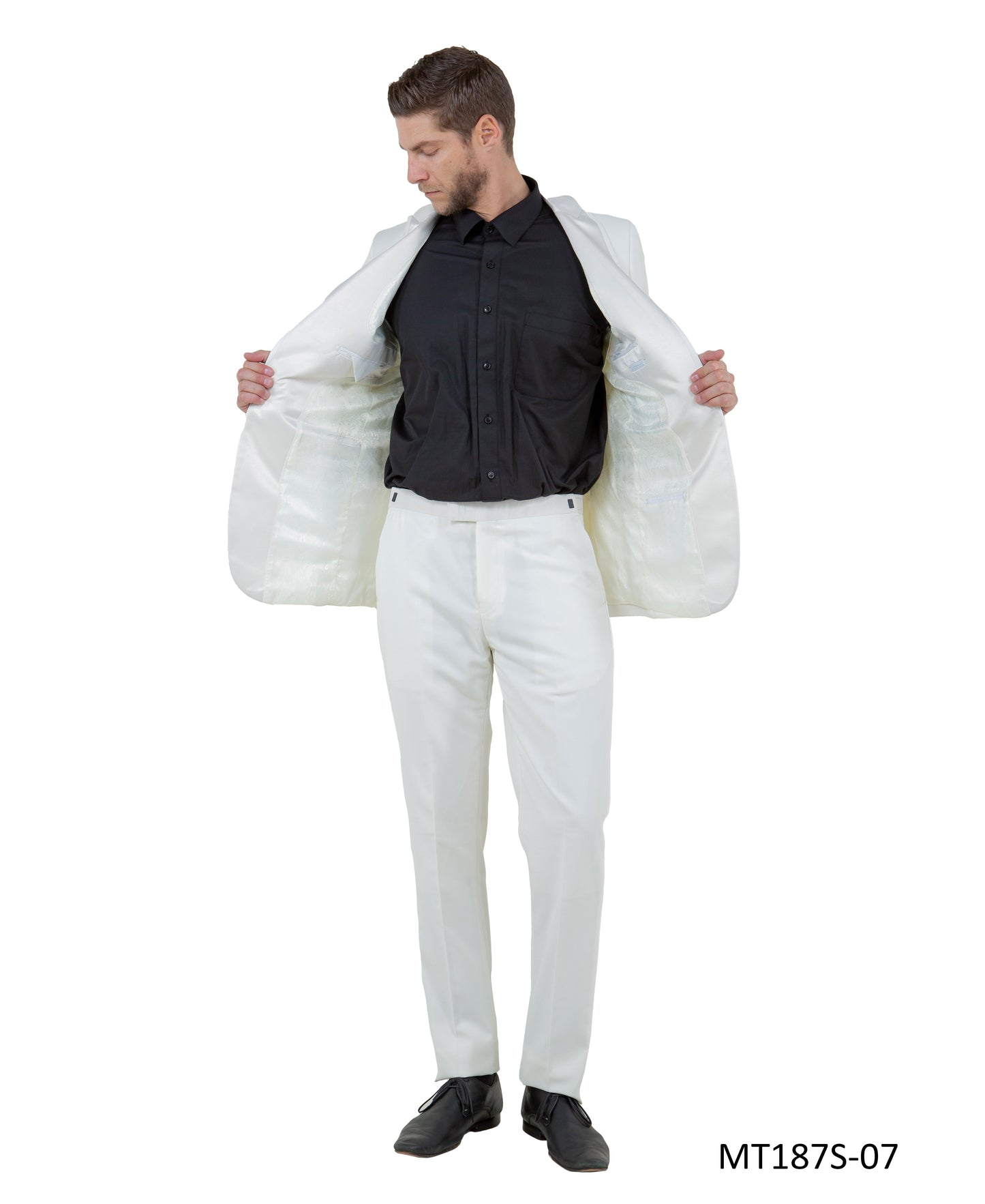 Offwhite on Offwhite Satin Peak Lapel With Fabric Trim Slim Fit 2 Piece Bryan Michaels Men's Tuxedo