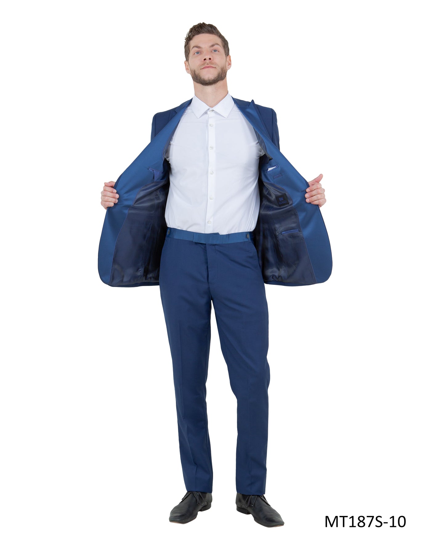 Cobalt on Cobalt Satin Peak Lapel With Fabric Trim Slim Fit 2 Piece Bryan Michaels Men's Tuxedo