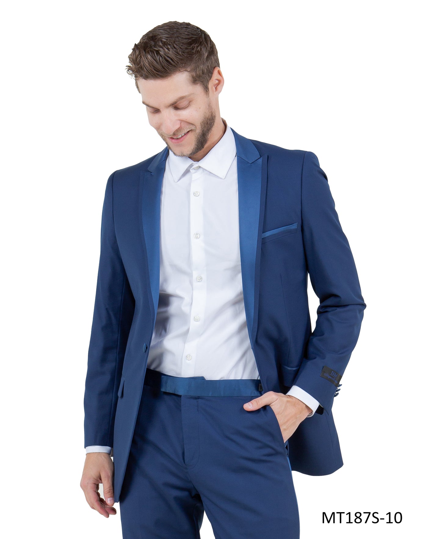 Cobalt on Cobalt Satin Peak Lapel With Fabric Trim Slim Fit 2 Piece Bryan Michaels Men's Tuxedo