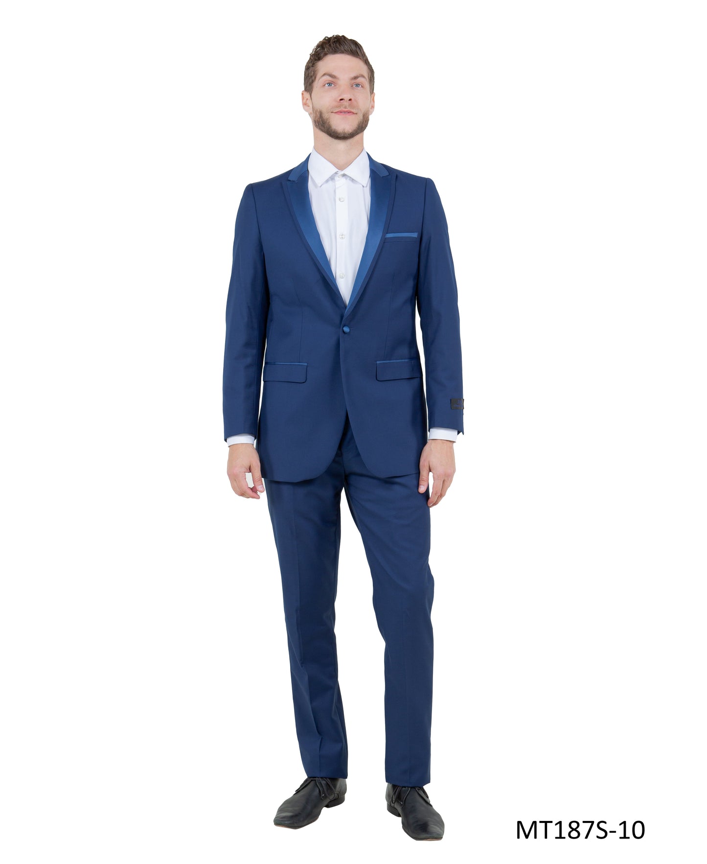 Cobalt on Cobalt Satin Peak Lapel With Fabric Trim Slim Fit 2 Piece Bryan Michaels Men's Tuxedo