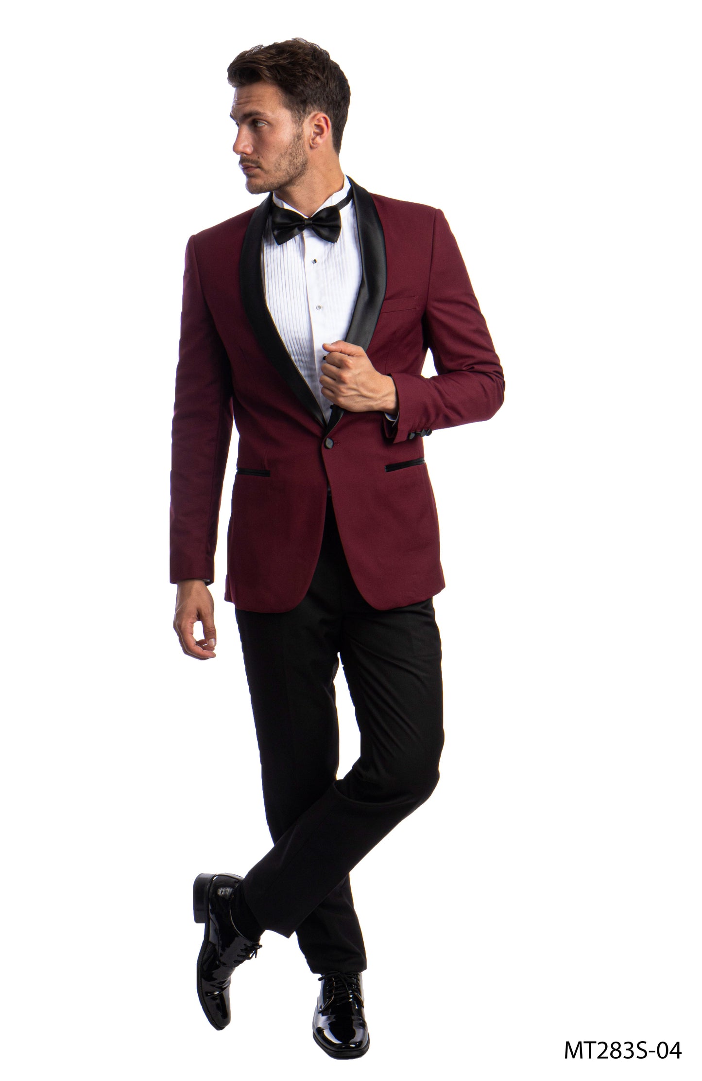 Burgundy on Black Satin Shawl Lapel Slim Fit 2 Piece Azzuro Men's Tuxedo