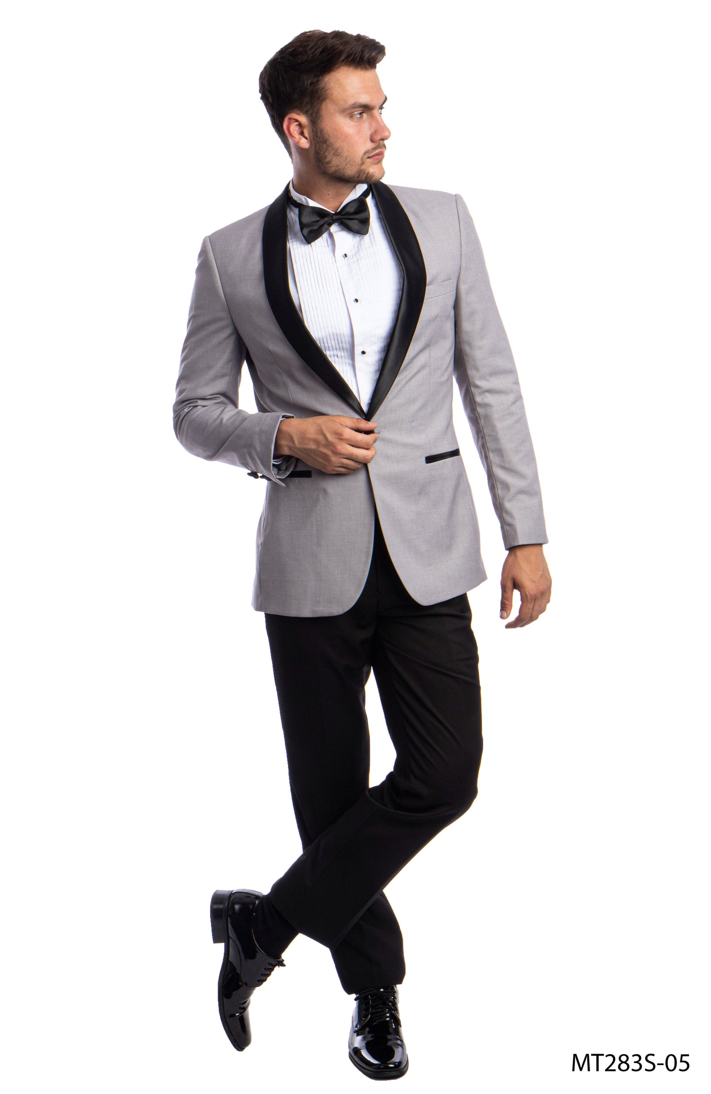 Light Grey on Black Satin Shawl Lapel Slim Fit 2 Piece Azzuro Men's Tuxedo