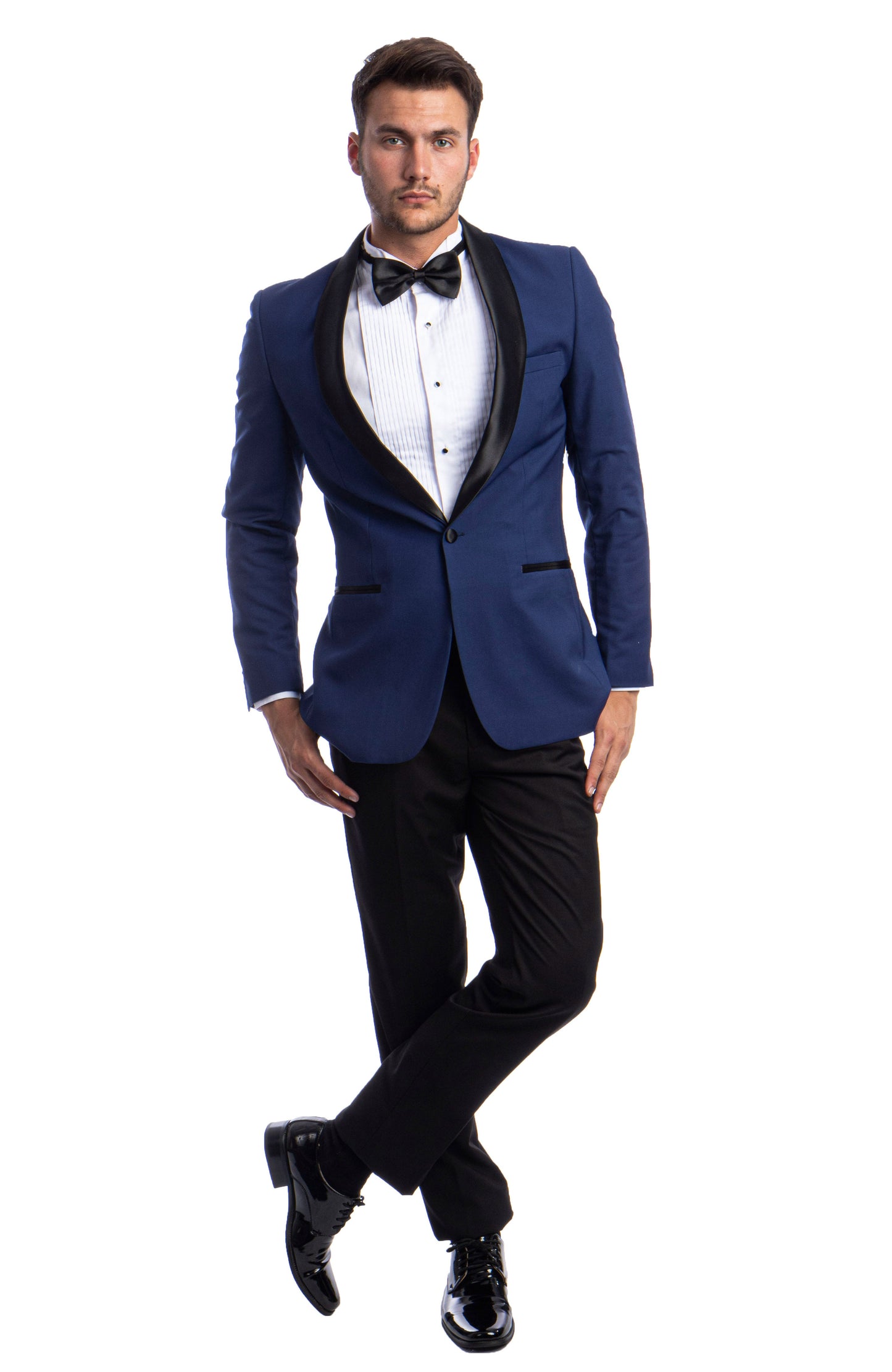 Blue on Black Satin Shawl Lapel Slim Fit 2 Piece Azzuro Men's Tuxedo