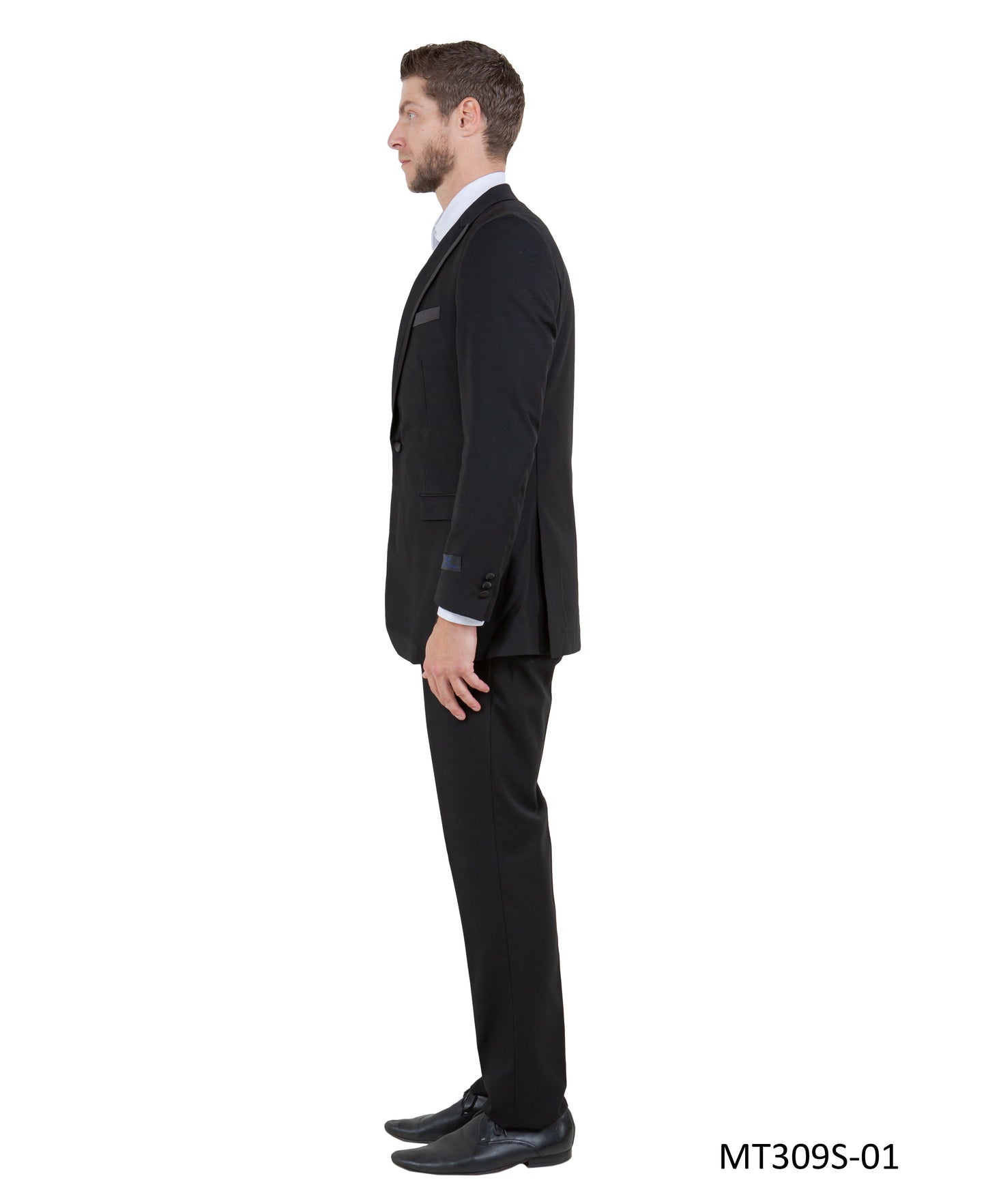 Black on Black Satin Peak Lapel With Satin Trim Slim Fit 2 Piece Tazzio Men's Tuxedo