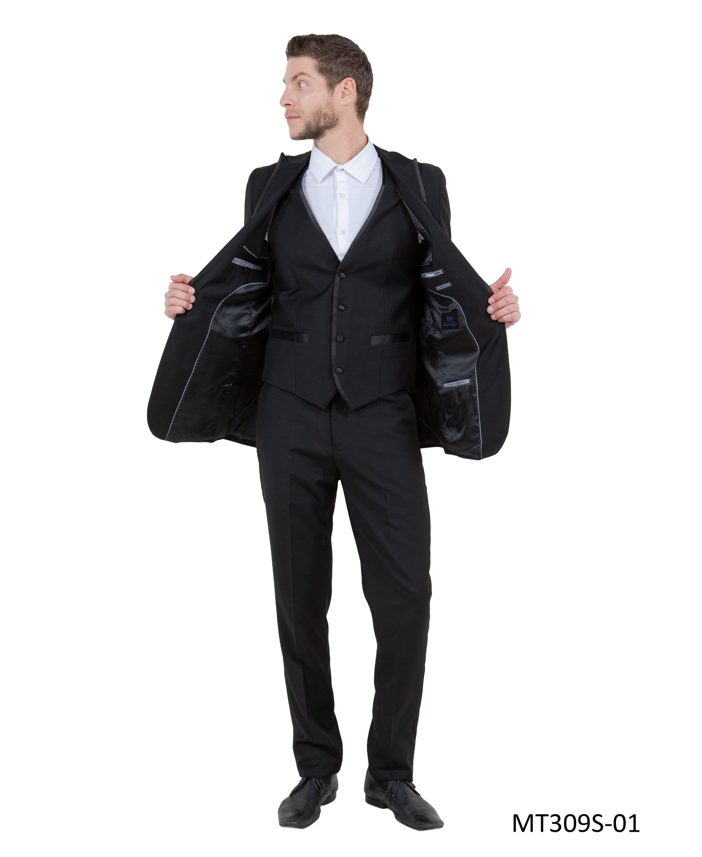 Black on Black Satin Peak Lapel With Satin Trim Slim Fit 2 Piece Tazzio Men's Tuxedo