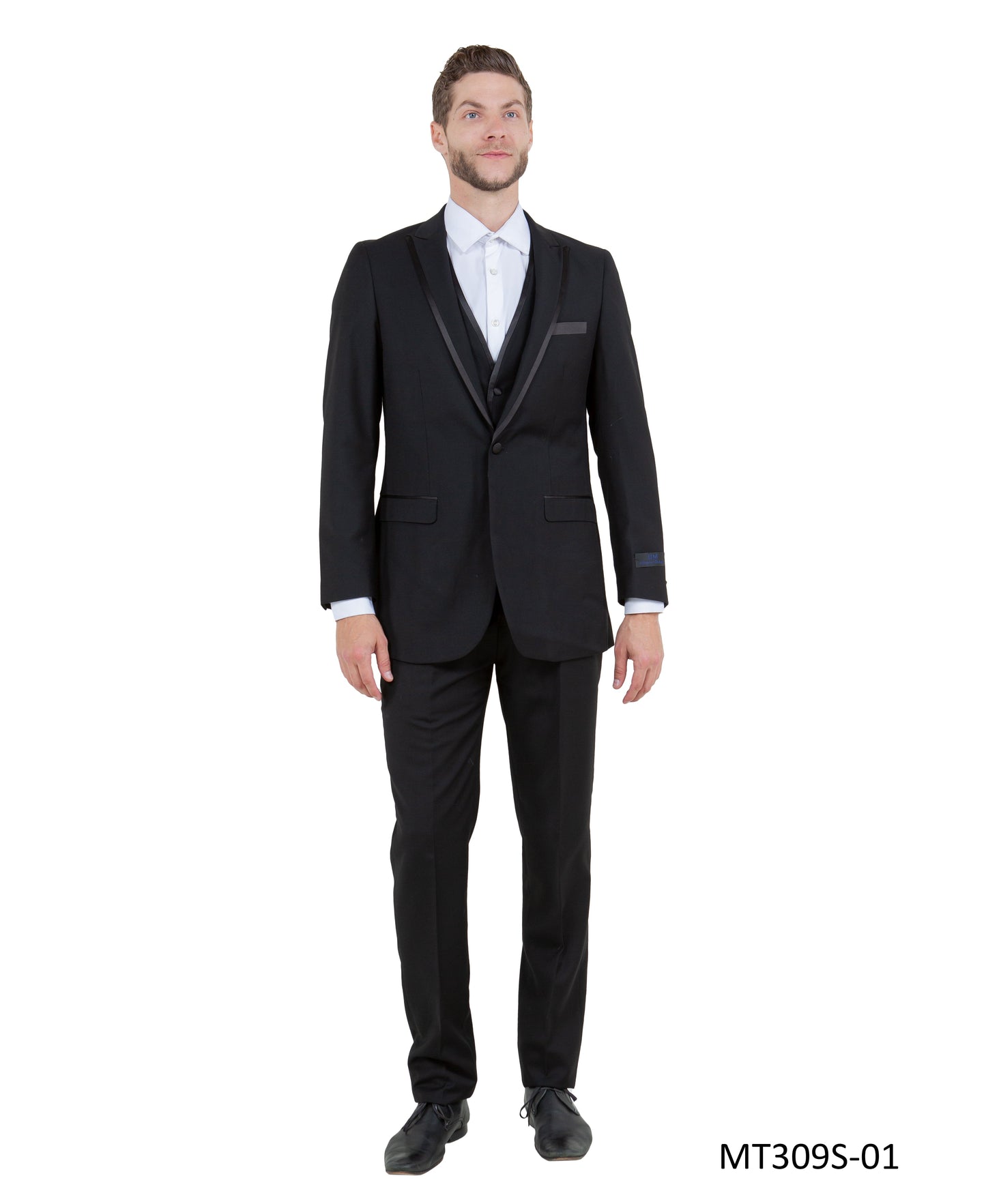 Black on Black Satin Peak Lapel With Satin Trim Slim Fit 2 Piece Tazzio Men's Tuxedo