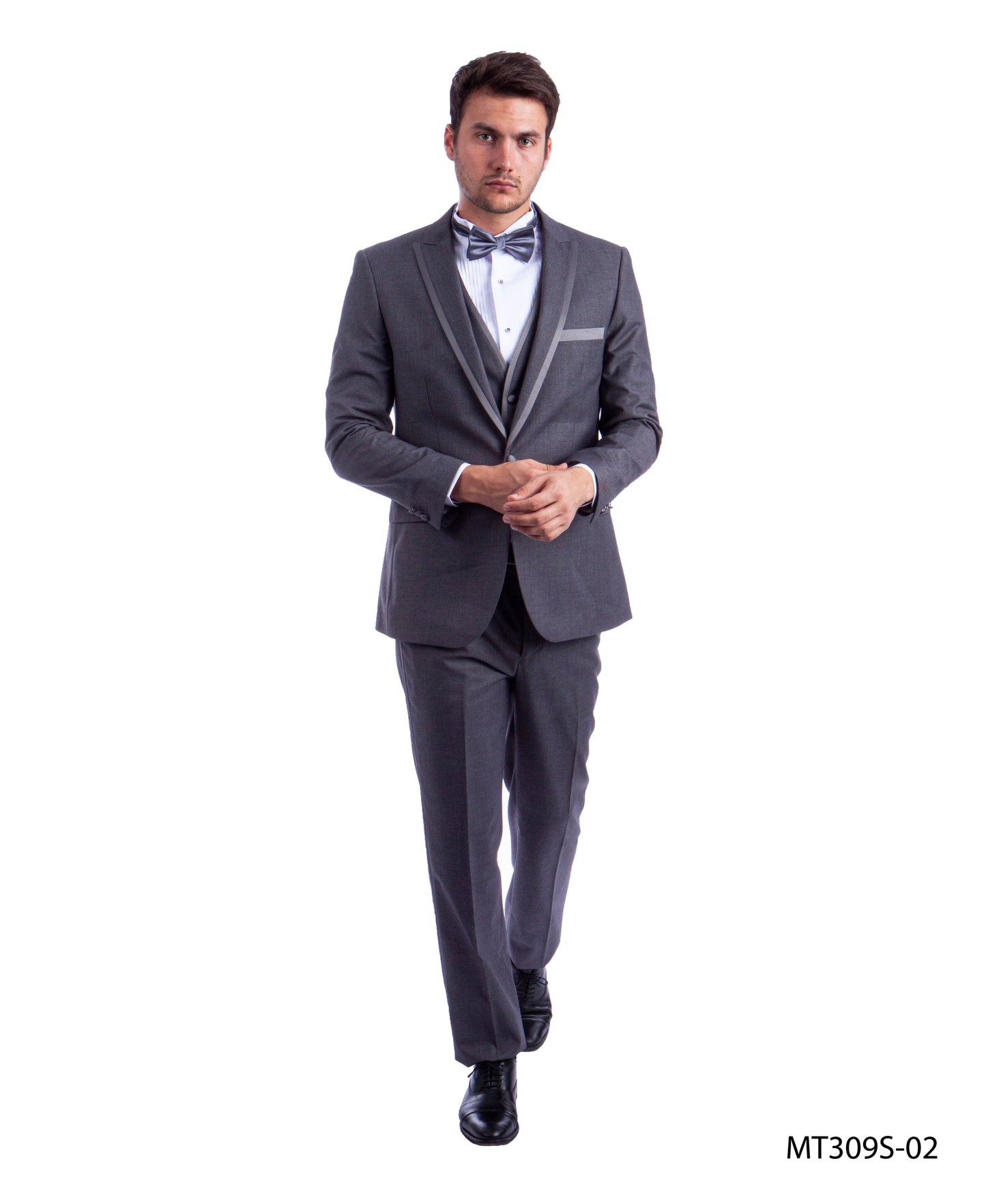 Mid Grey on Mid Grey Satin Peak Lapel With Satin Trim Slim Fit 2 Piece Tazzio Men's Tuxedo
