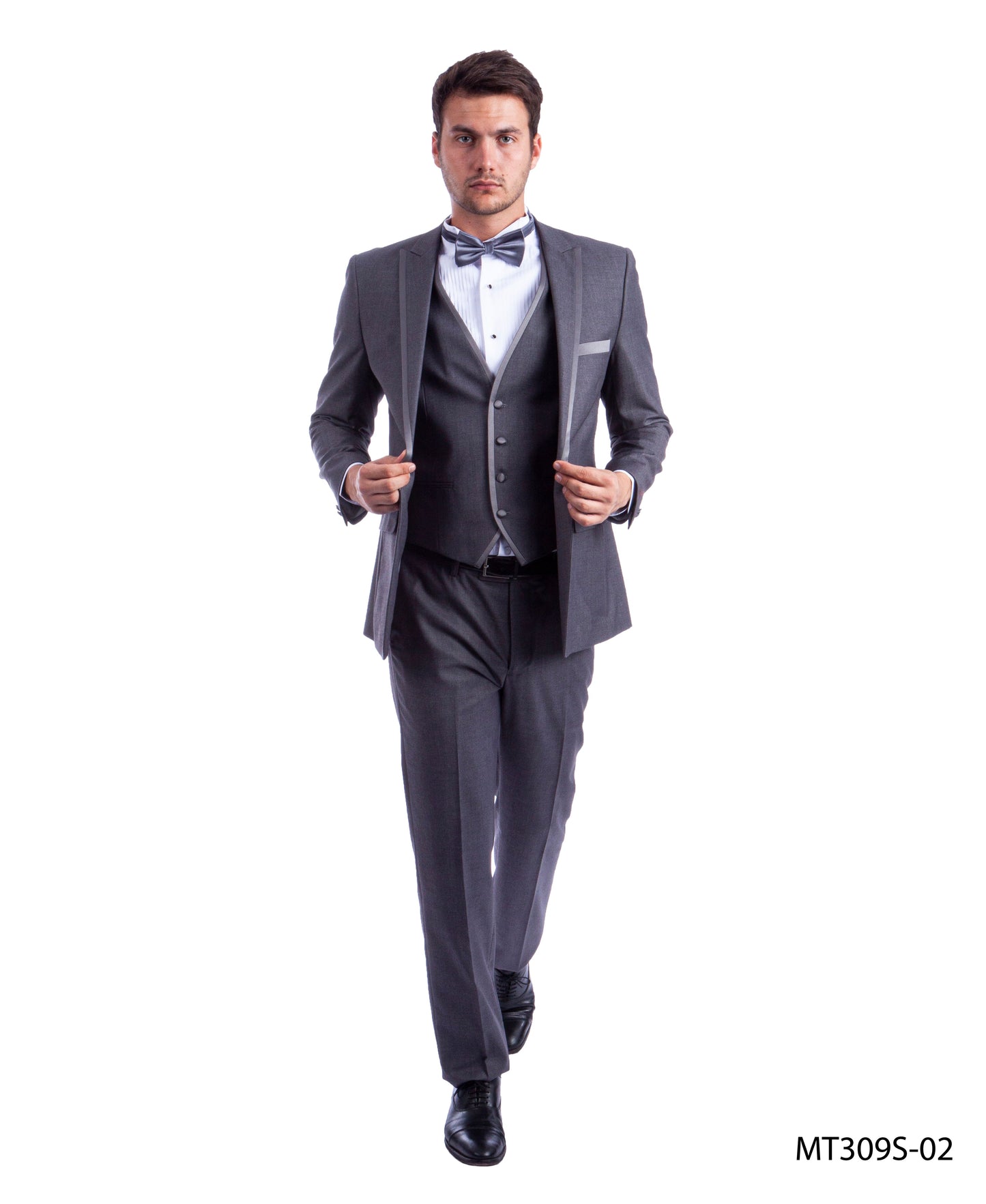 Mid Grey on Mid Grey Satin Peak Lapel With Satin Trim Slim Fit 2 Piece Tazzio Men's Tuxedo