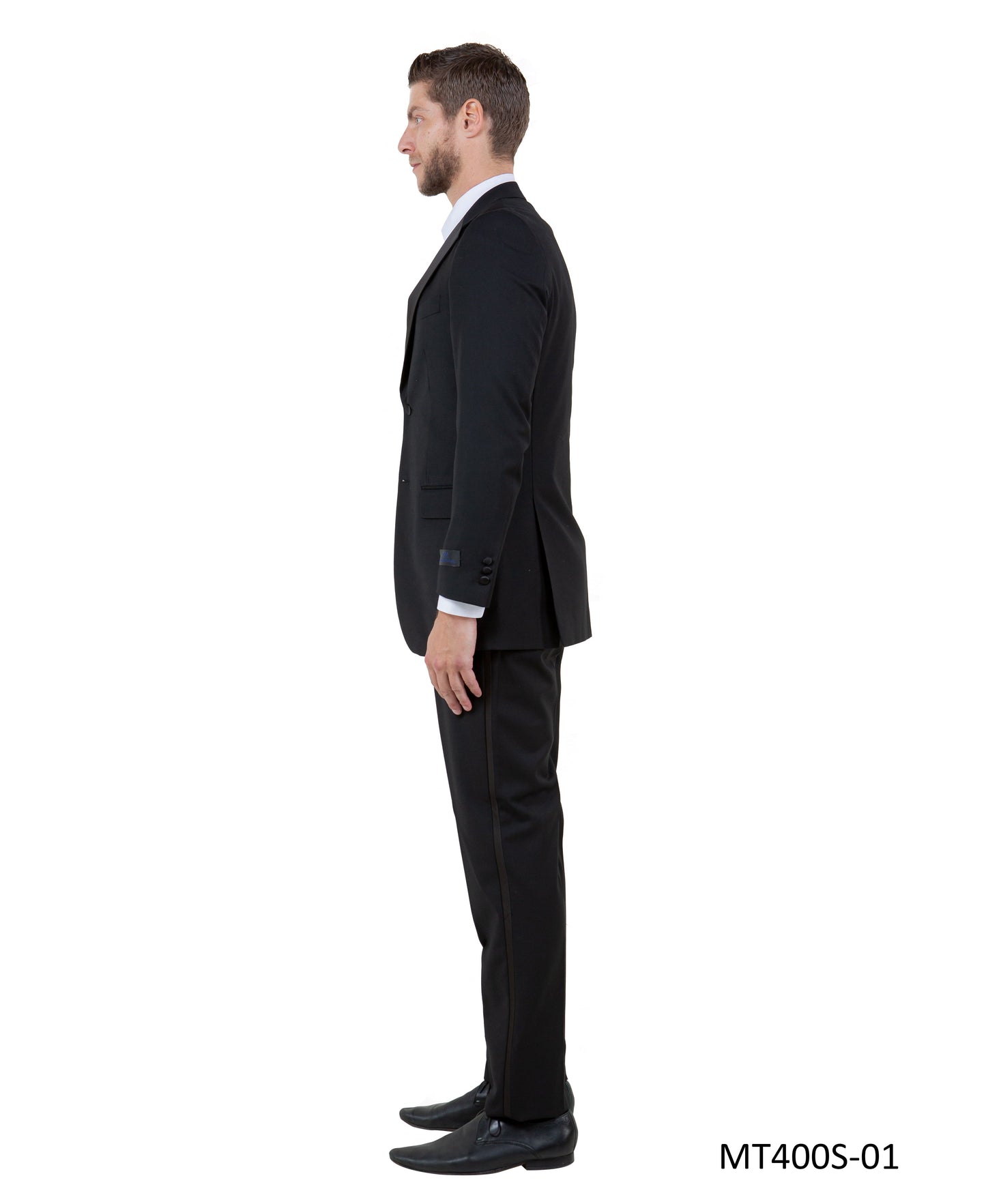 Black on Black Satin Peak Lapel Modern Fit 3 Piece Bryan Michaels Men's Tuxedo