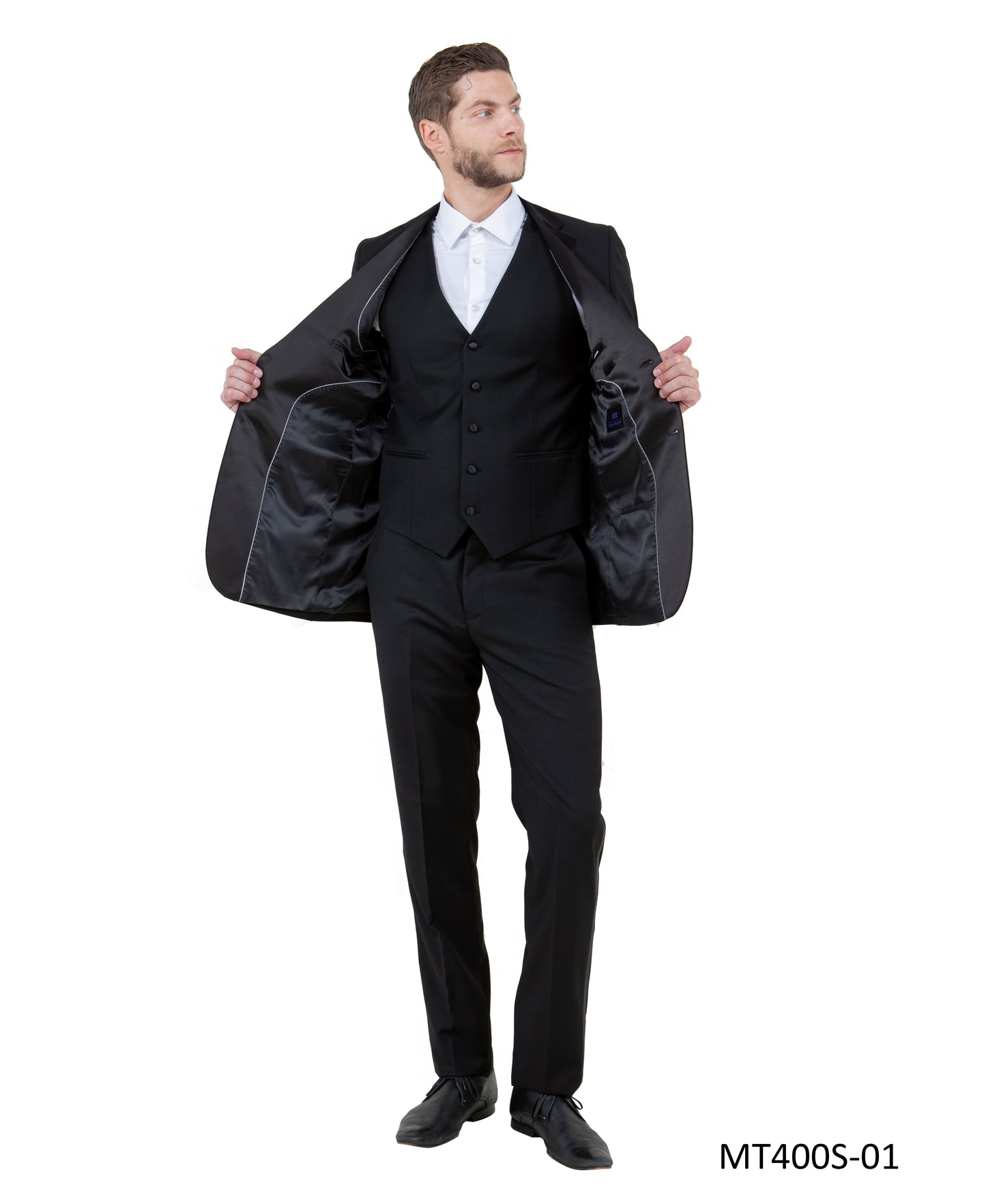 Black on Black Satin Peak Lapel Modern Fit 3 Piece Bryan Michaels Men's Tuxedo