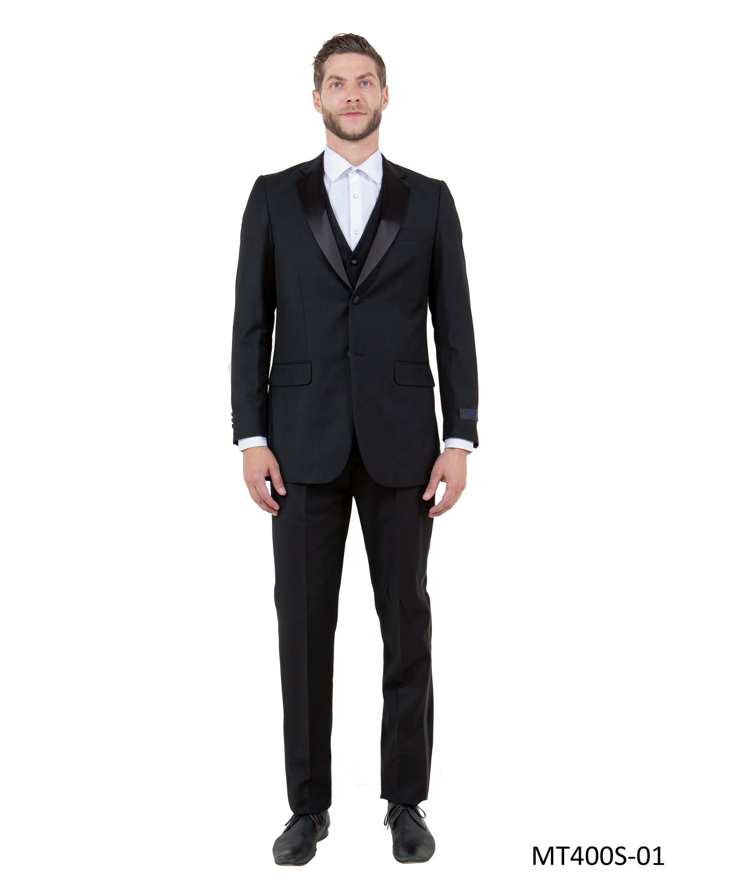 Black on Black Satin Peak Lapel Modern Fit 3 Piece Bryan Michaels Men's Tuxedo