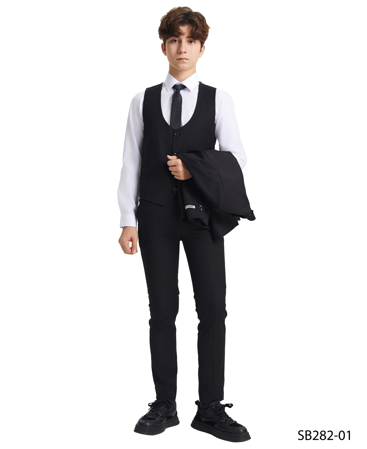Solid Black Notch Lapel 5 Piece Slim Fit Stacy Adams Boy's Suit