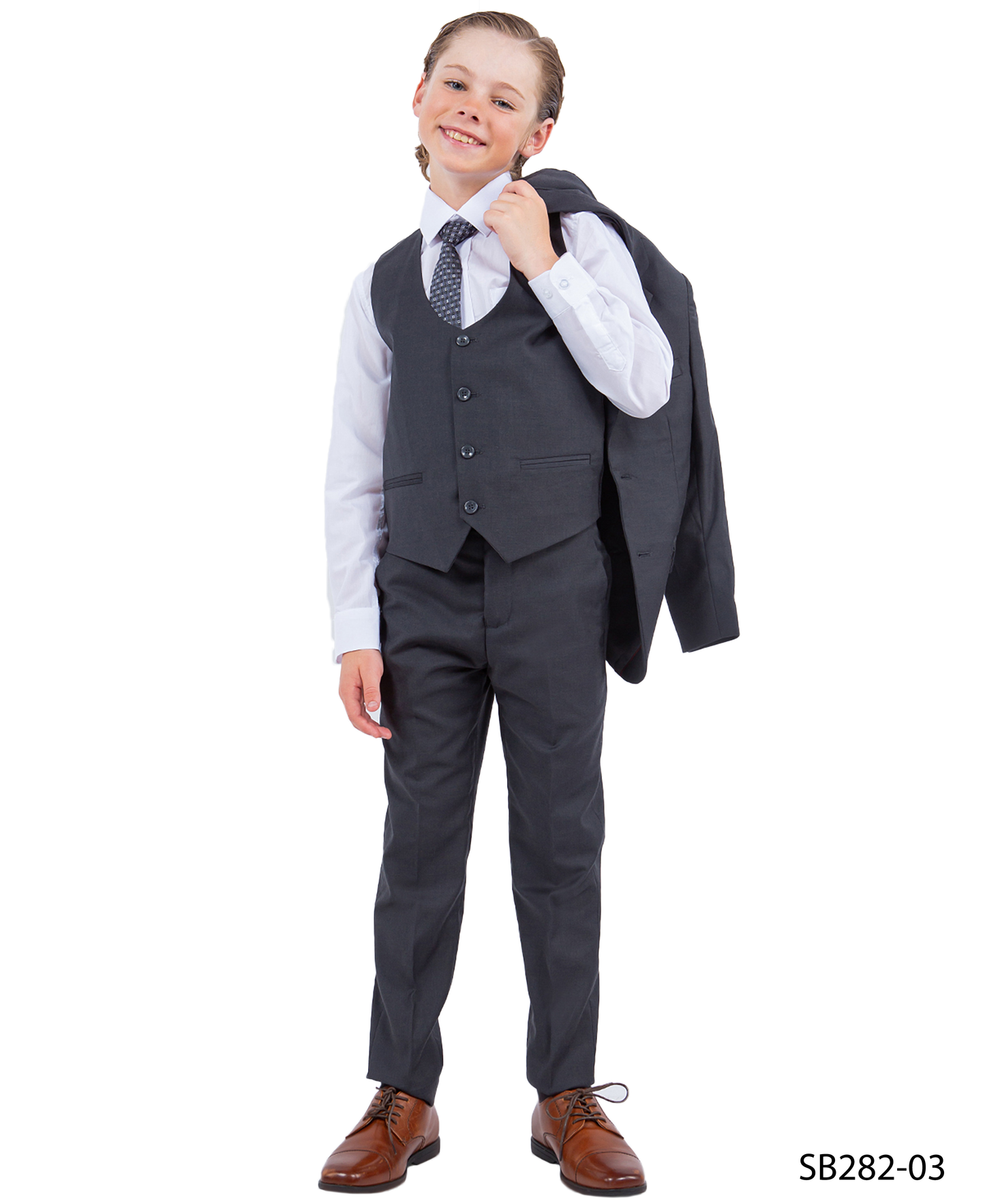 Solid Charcoal Grey Notch Lapel 5 Piece Slim Fit Stacy Adams Boy's Suit