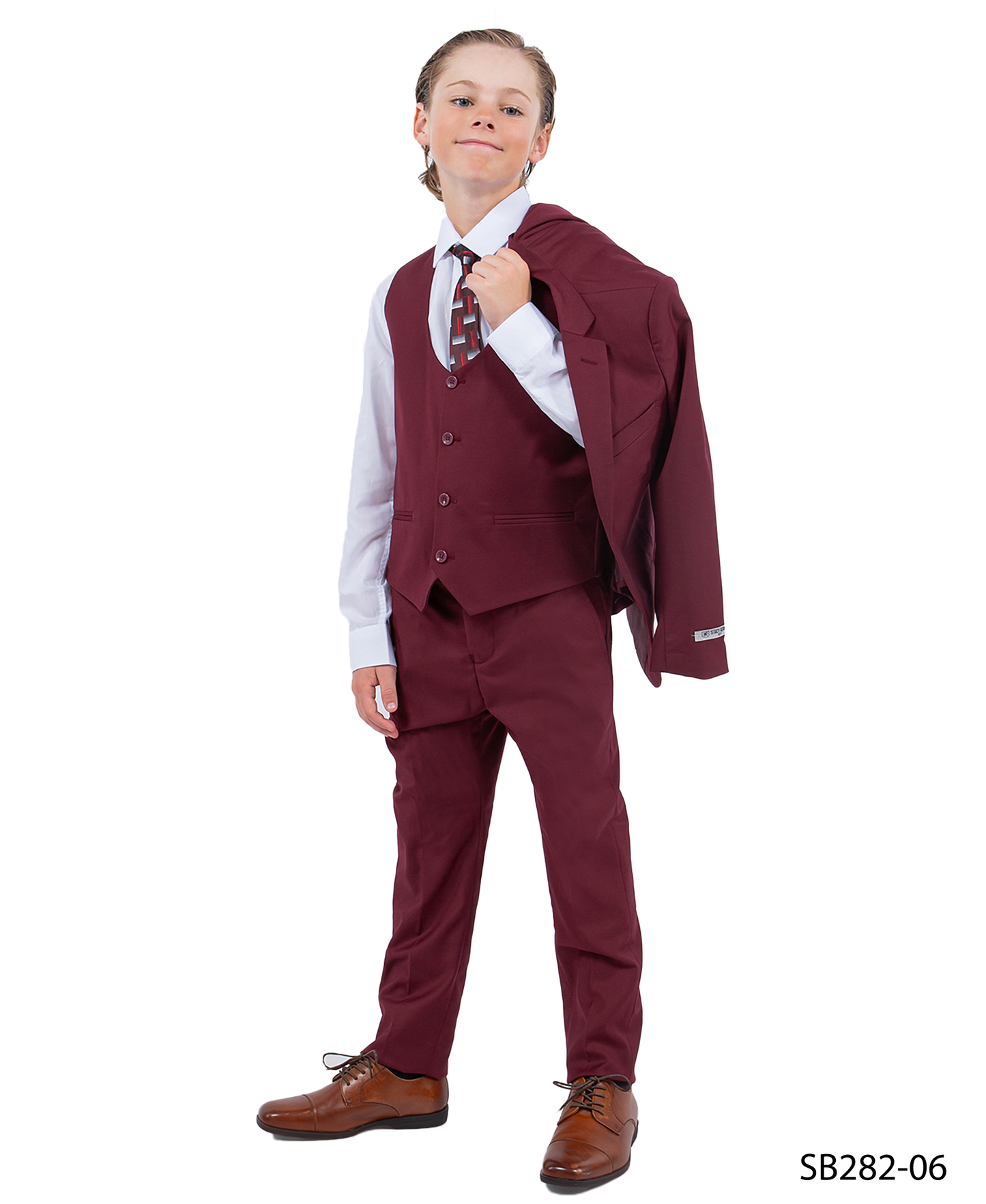 Solid Burgundy Notch Lapel 5 Piece Slim Fit Stacy Adams Boy's Suit