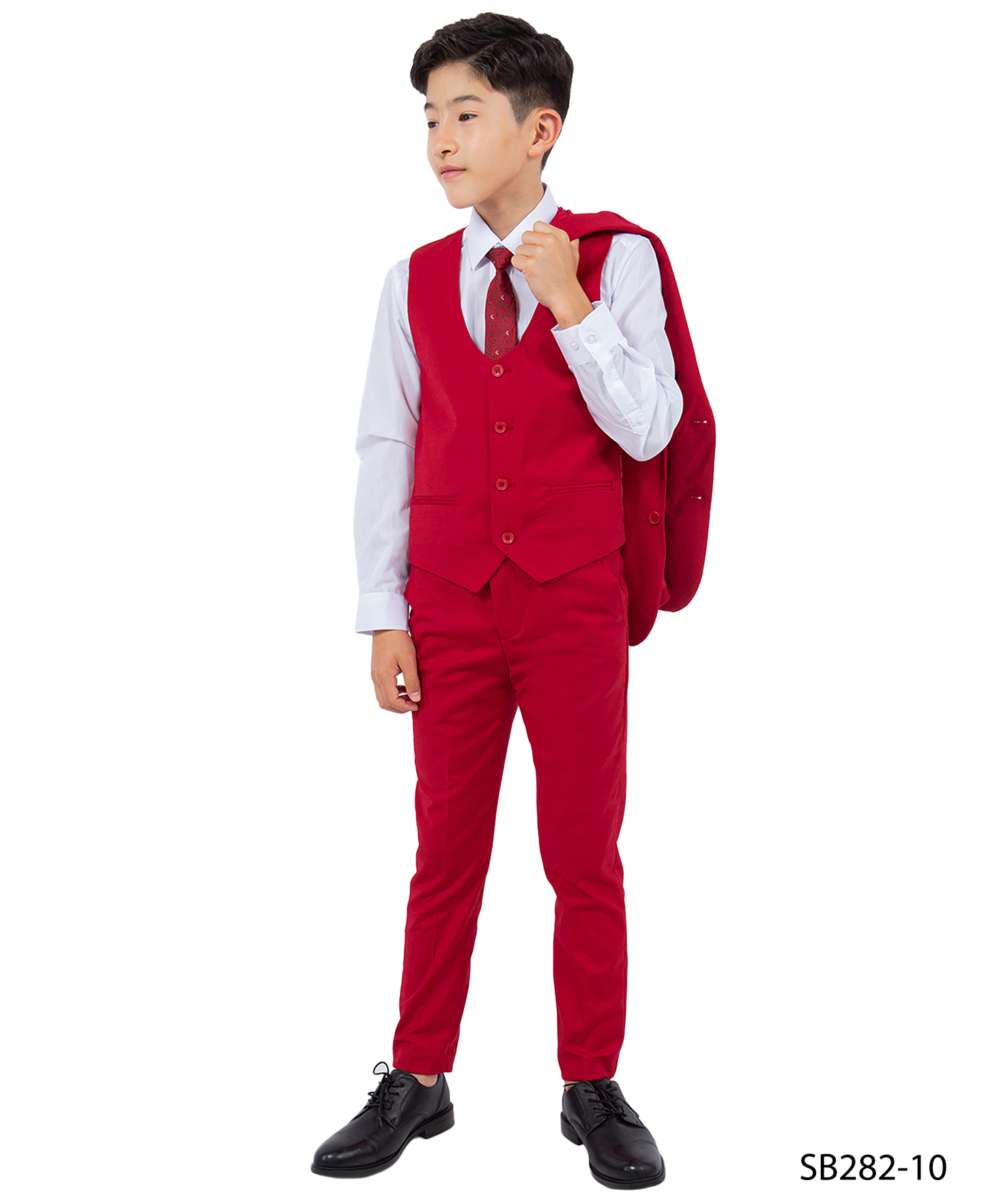 Solid Red Notch Lapel 5 Piece Slim Fit Stacy Adams Boy's Suit