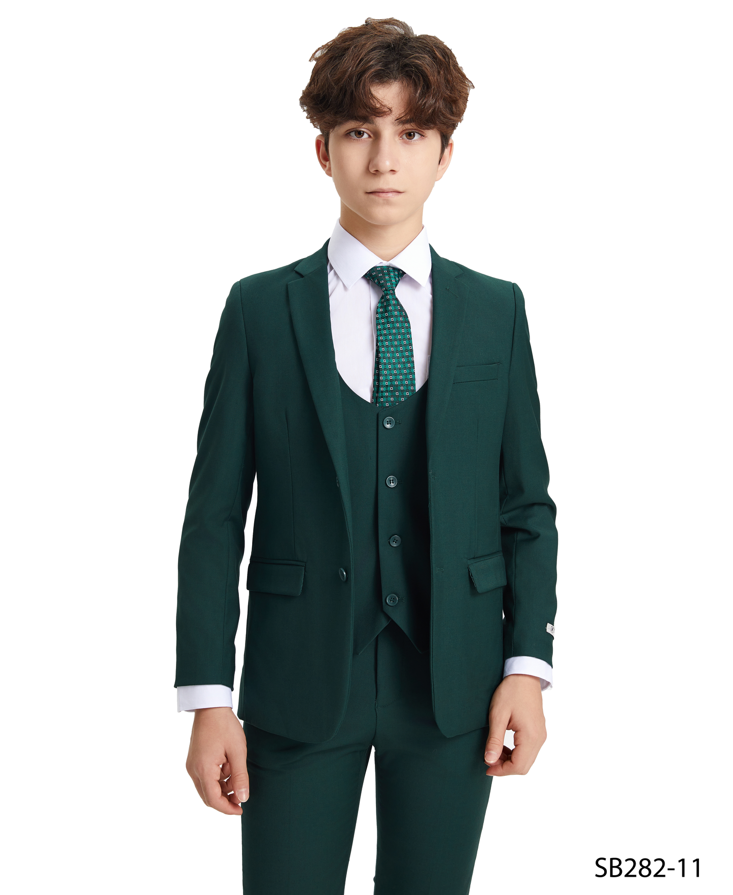 Solid Green Notch Lapel 5 Piece Slim Fit Stacy Adams Boy's Suit