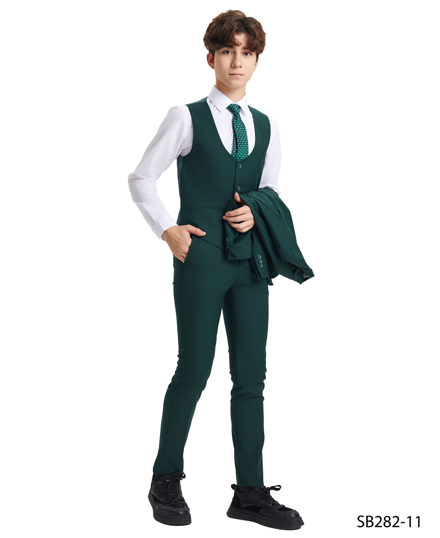 Solid Green Notch Lapel 5 Piece Slim Fit Stacy Adams Boy's Suit