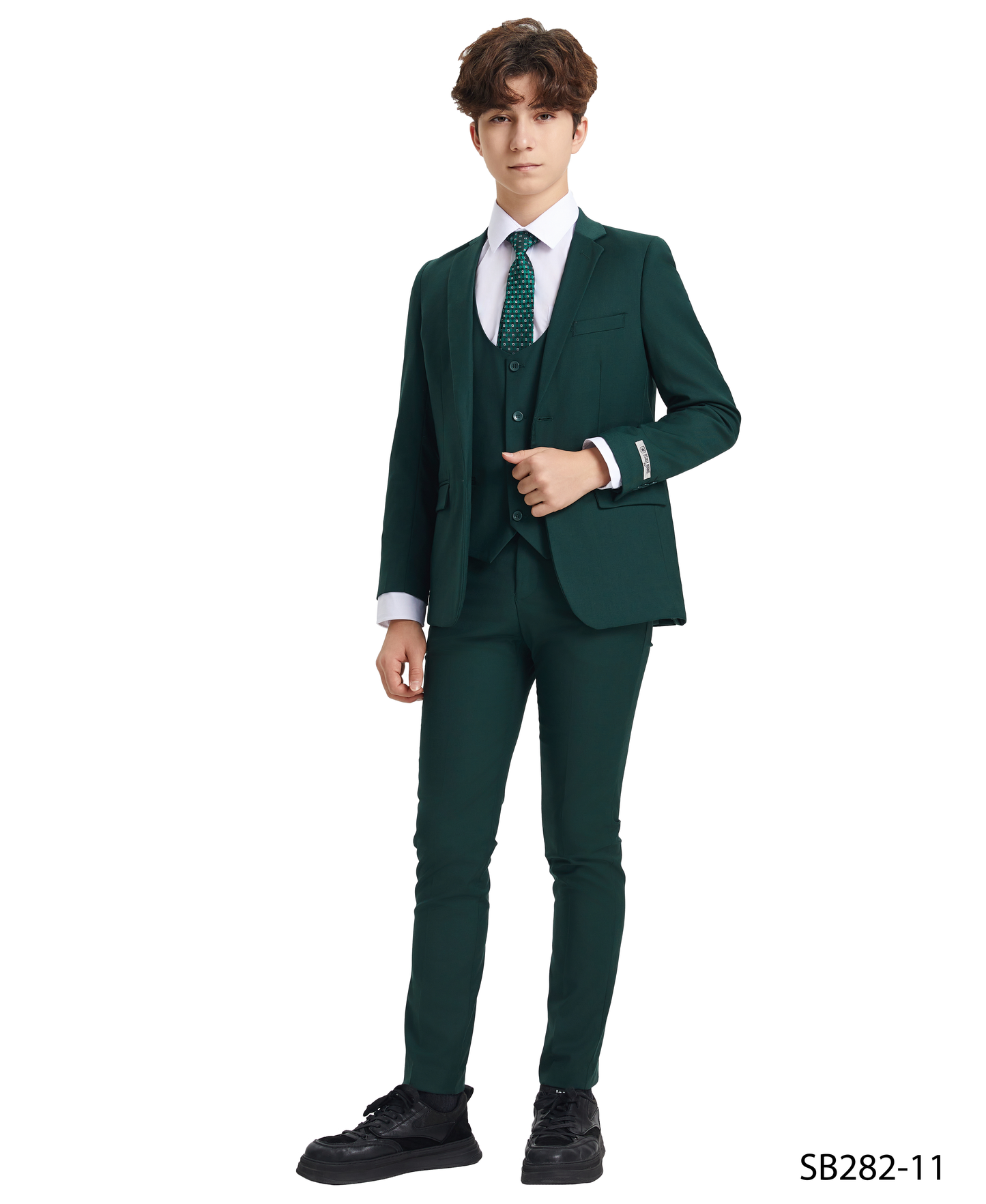 Solid Green Notch Lapel 5 Piece Slim Fit Stacy Adams Boy's Suit