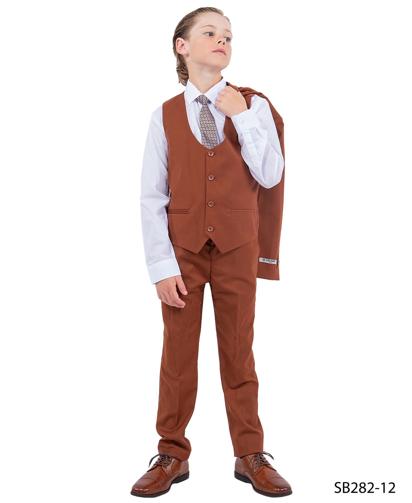 Solid Light brown Notch Lapel 5 Piece Slim Fit Stacy Adams Boy's Suit