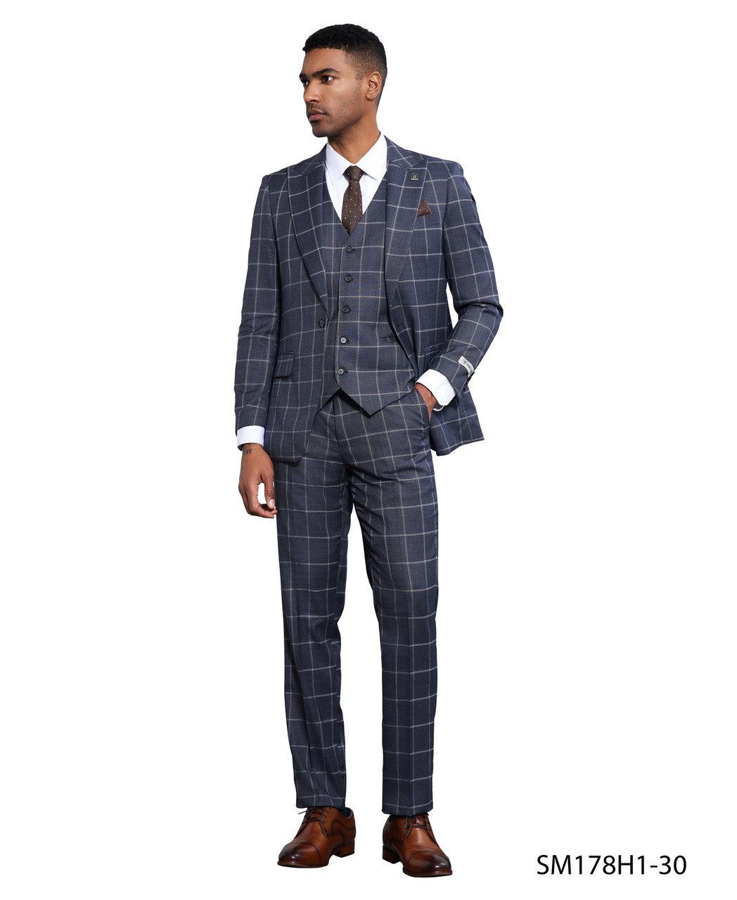 Charcoal Windowpane 3 Piece Peak Lapel Stacy Adams Men's Hybrid Suit