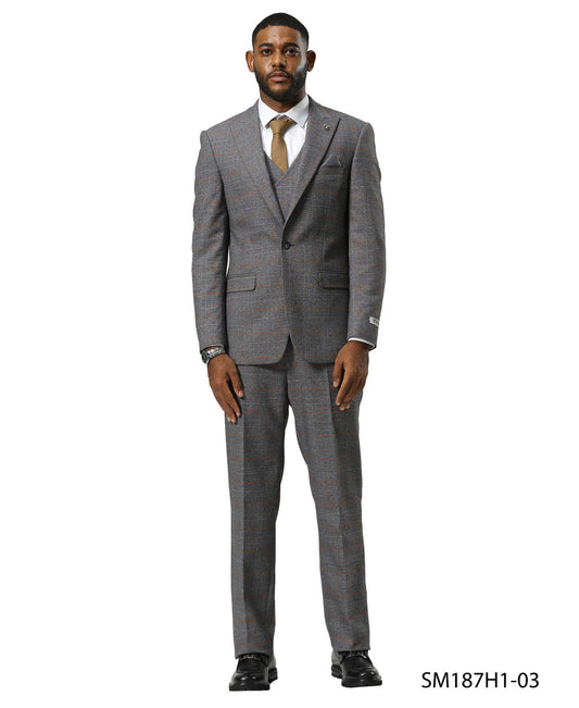 Grey Glen Plaid 3 Piece Notch Lapel Stacy Adams Men's Suit