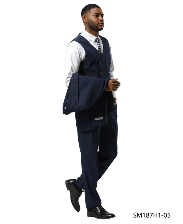 Navy Glen Plaid 3 Piece Notch Lapel Stacy Adams Men's Suit