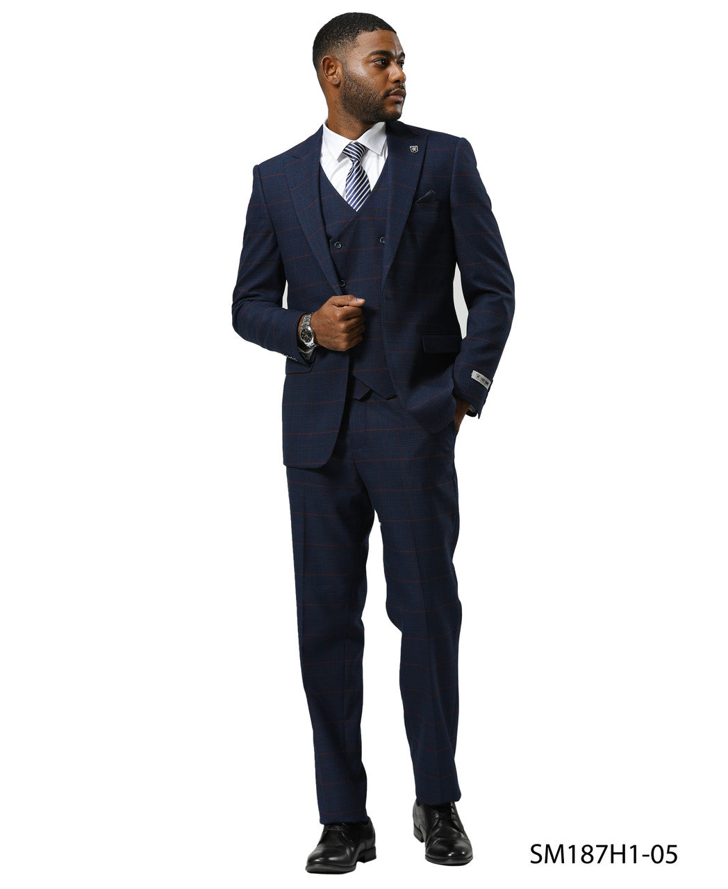 Navy Glen Plaid 3 Piece Notch Lapel Stacy Adams Men's Suit