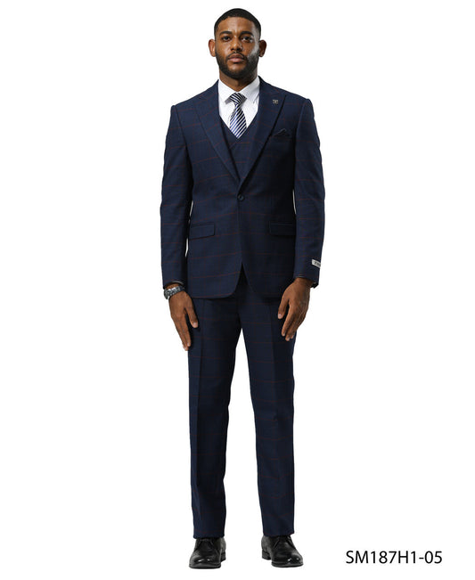 Navy Glen Plaid 3 Piece Notch Lapel Stacy Adams Men's Suit