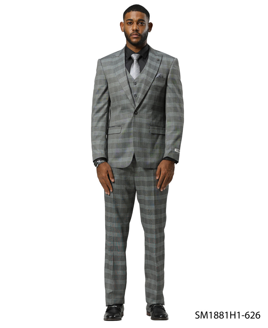 Grey Glen Check 3 Piece Notch Lapel Stacy Adams Men's Suit