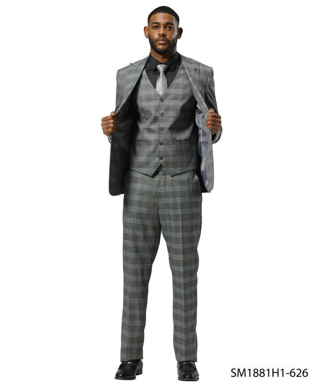 Grey Glen Check 3 Piece Notch Lapel Stacy Adams Men's Suit
