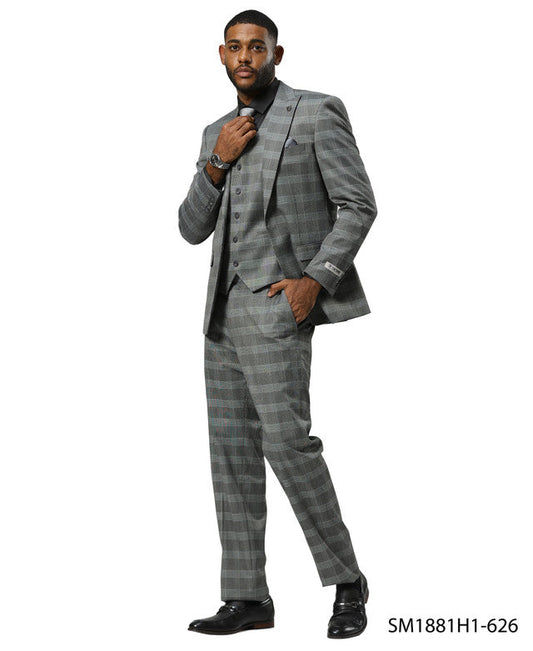 Grey Glen Check 3 Piece Notch Lapel Stacy Adams Men's Suit
