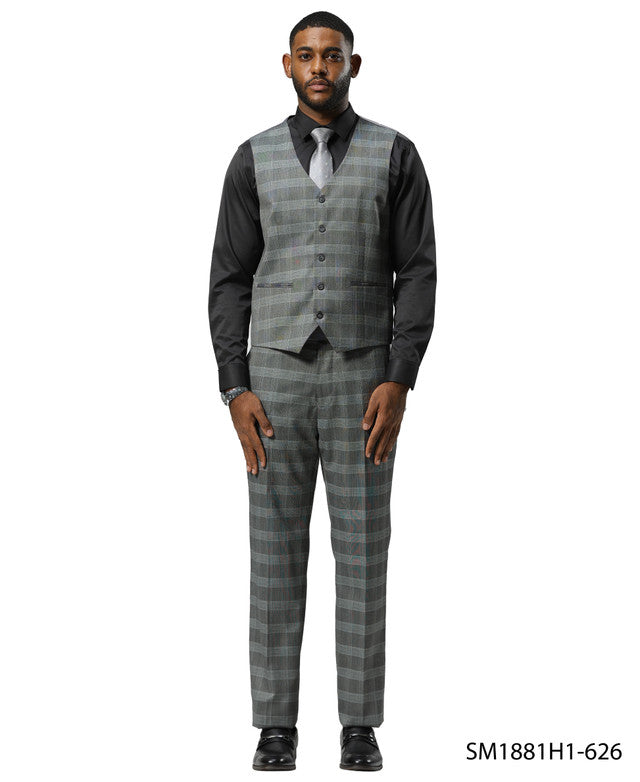 Grey Glen Check 3 Piece Notch Lapel Stacy Adams Men's Suit