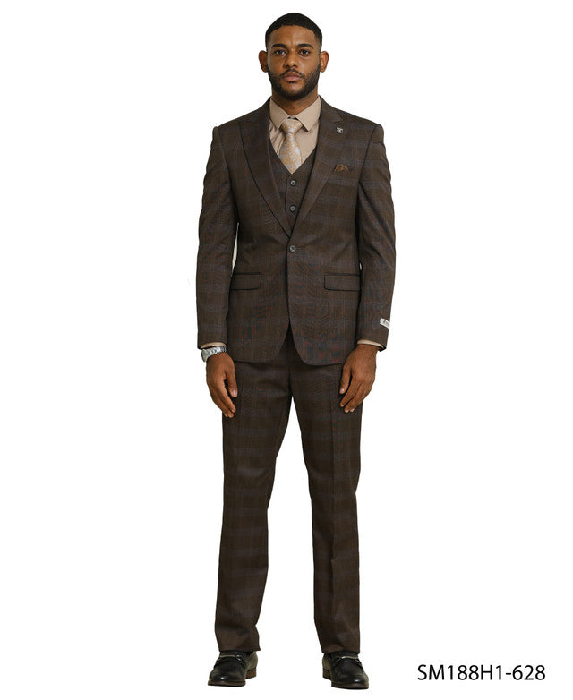 Brown Glen Check 3 Piece Notch Lapel Stacy Adams Men's Suit